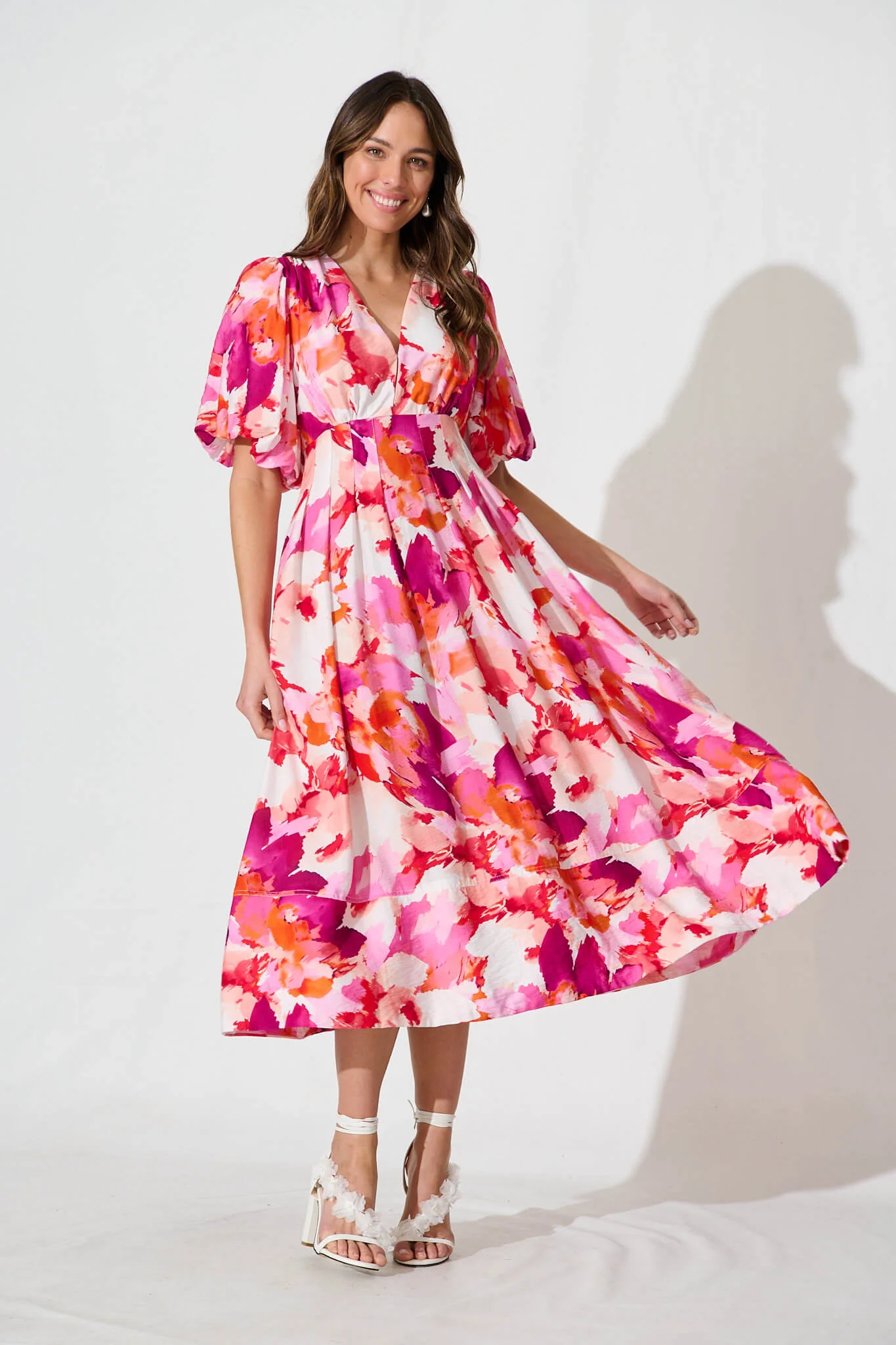 Daydreamer Midi Dress in White with Pink Multi Floral - Image 3