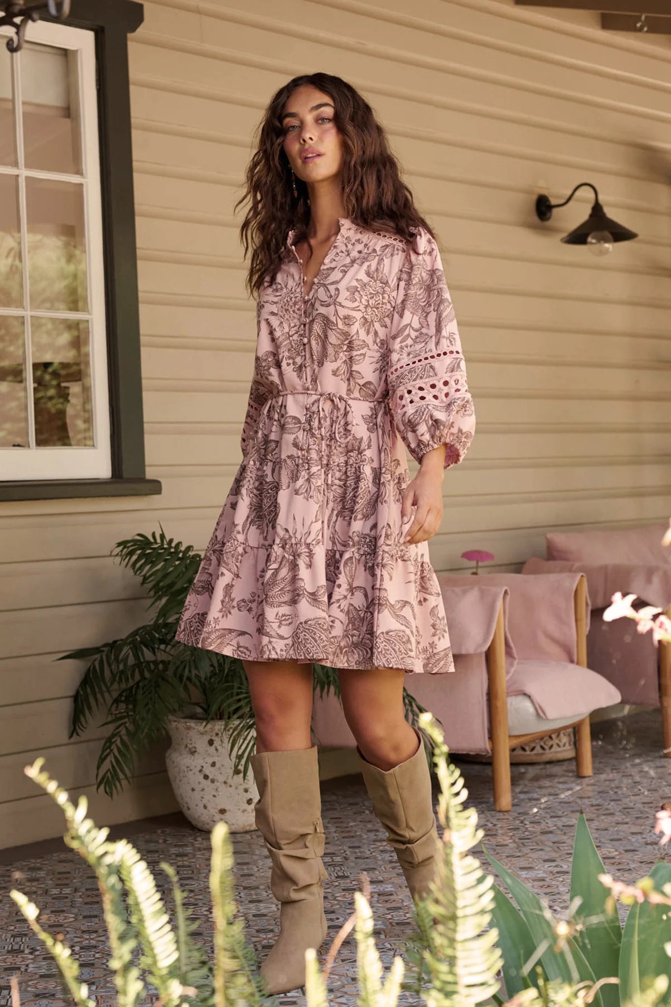 Daze Dress in Pink with Brown Leaf Cotton Linen