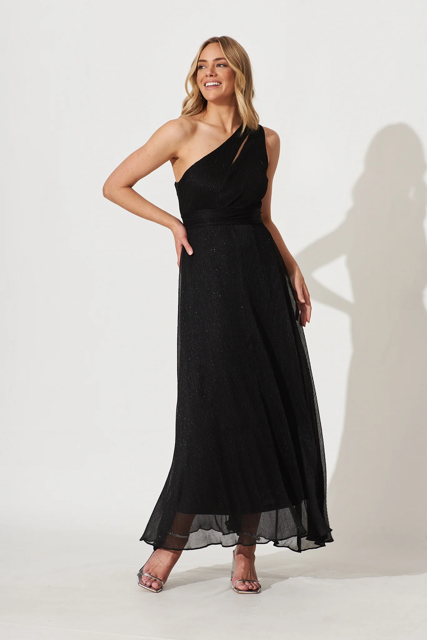 Dazzling One Shoulder Maxi Dress In Black Lurex - Image 6
