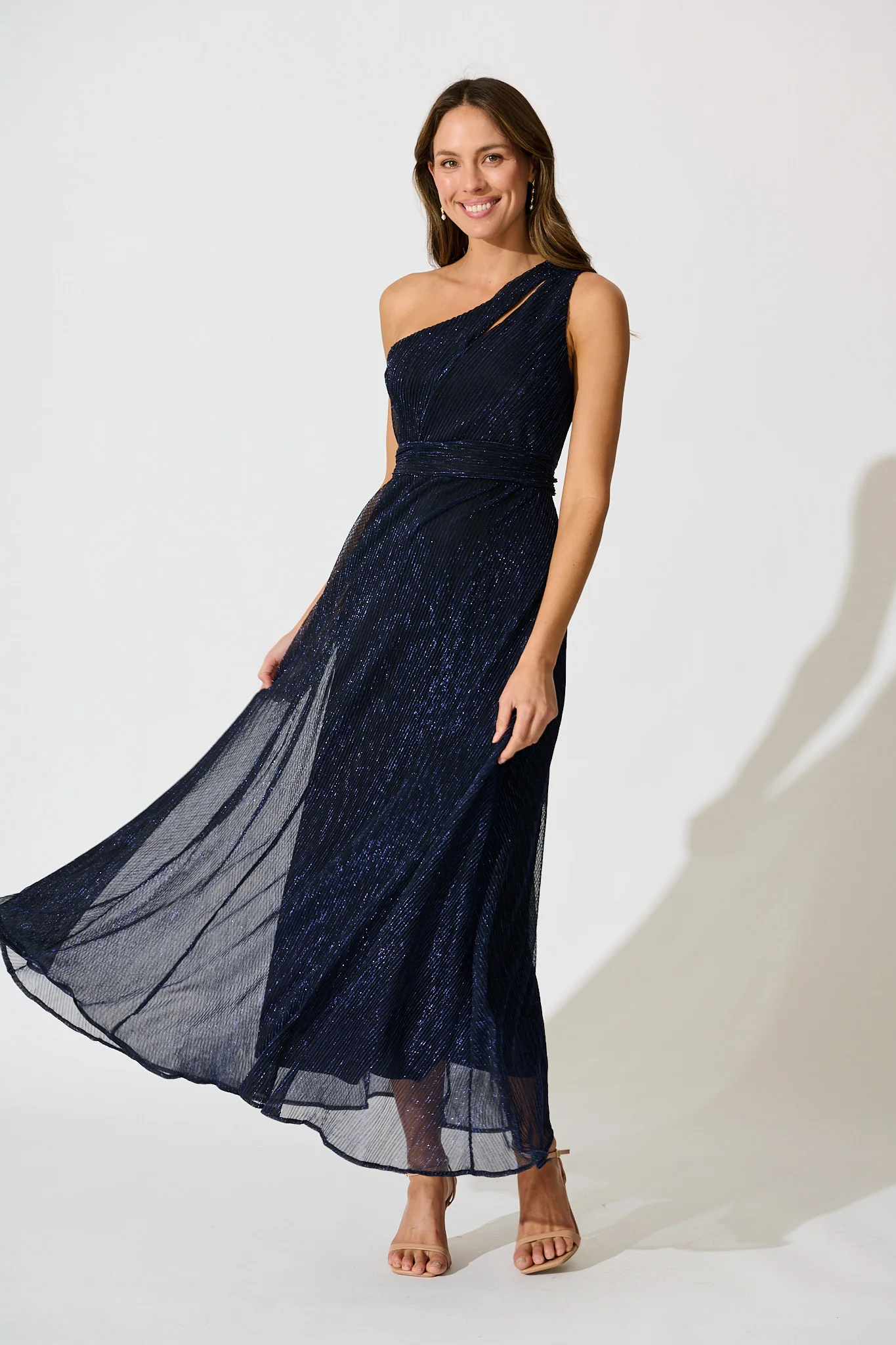 Dazzling One Shoulder Maxi Dress in Navy Lurex