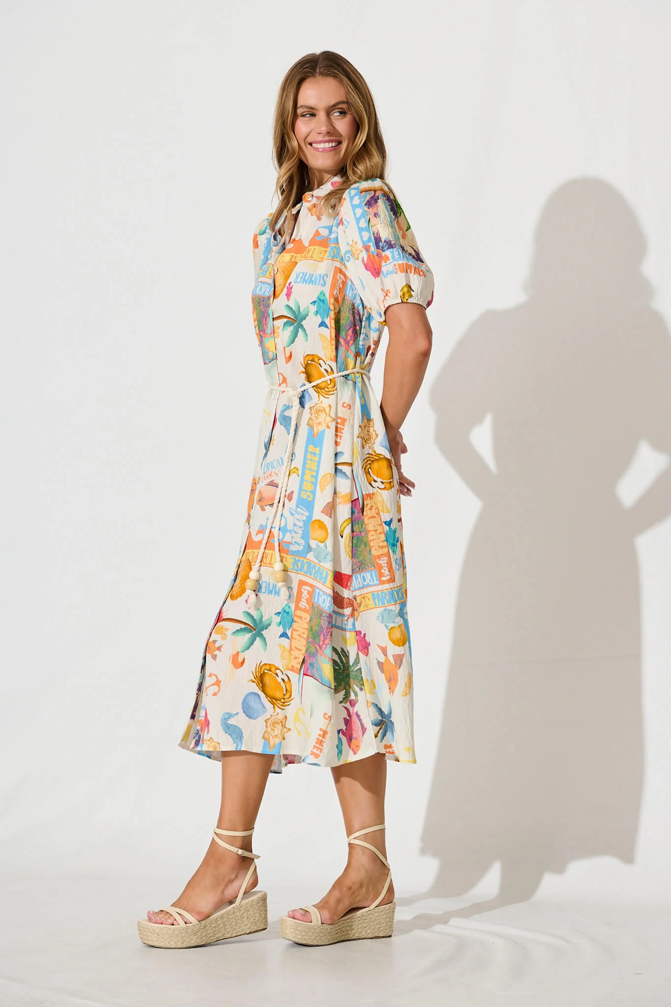 Dearest Midi Shirt Dress In Cream With Multi Summer Print - Image 3