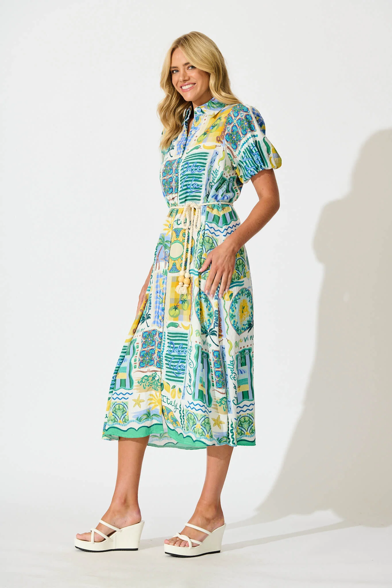 Dearest Midi Shirt Dress In Green Multi Border Print - Image 3