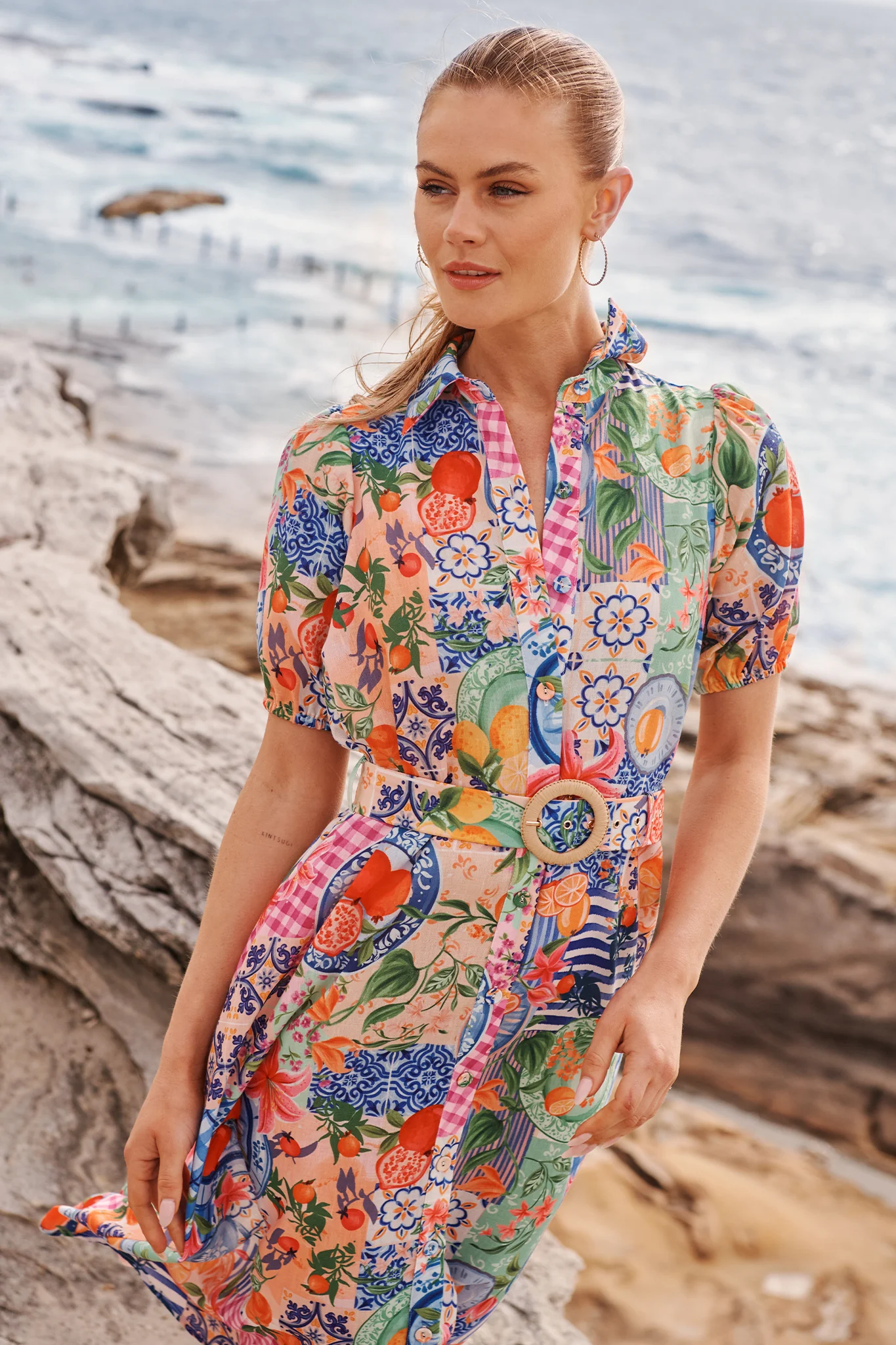 Dearest Midi Shirt Dress in Multi Fruit Patchwork Linen Blend - Image 2