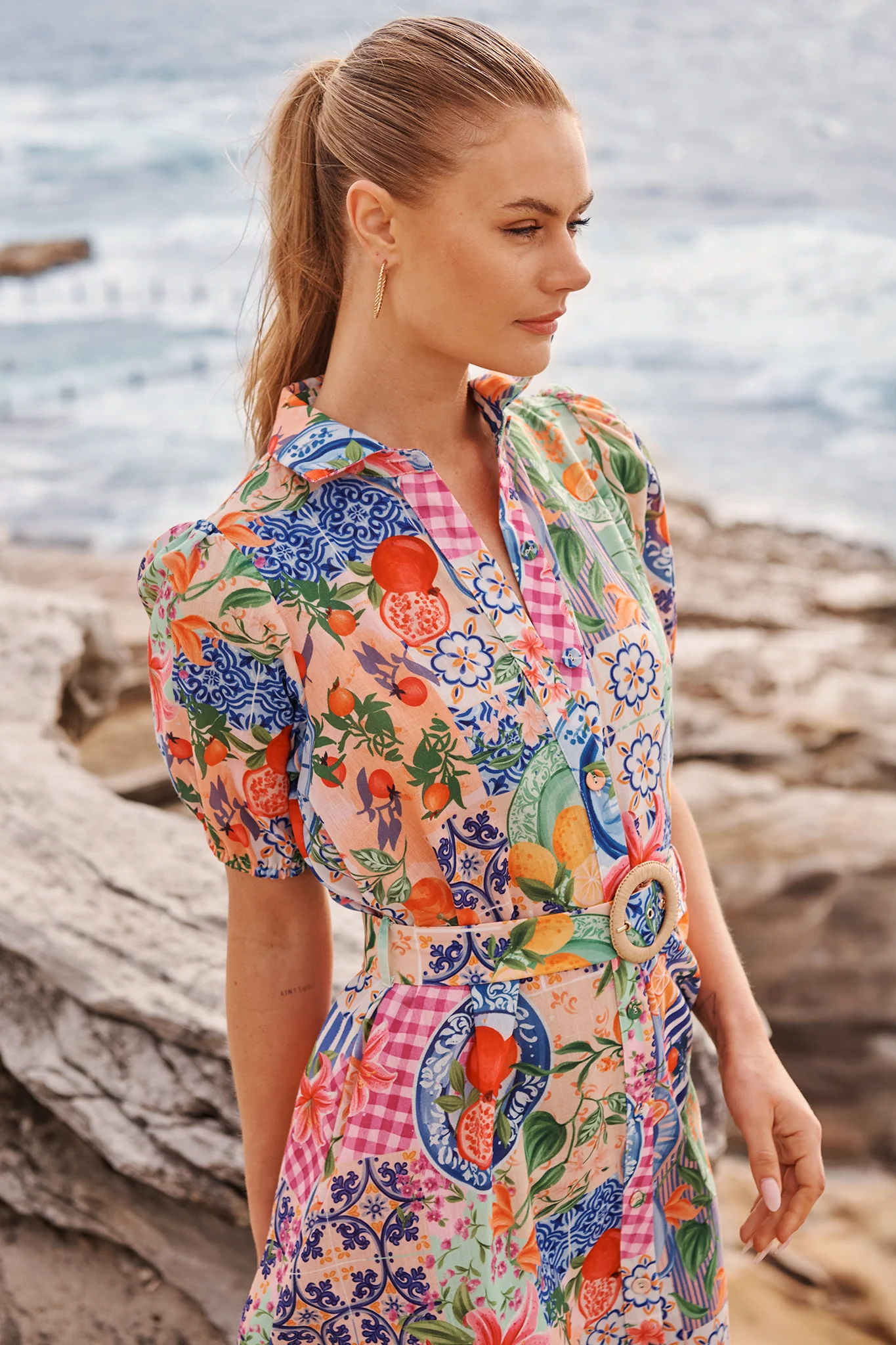 Dearest Midi Shirt Dress in Multi Fruit Patchwork Linen Blend - Image 5