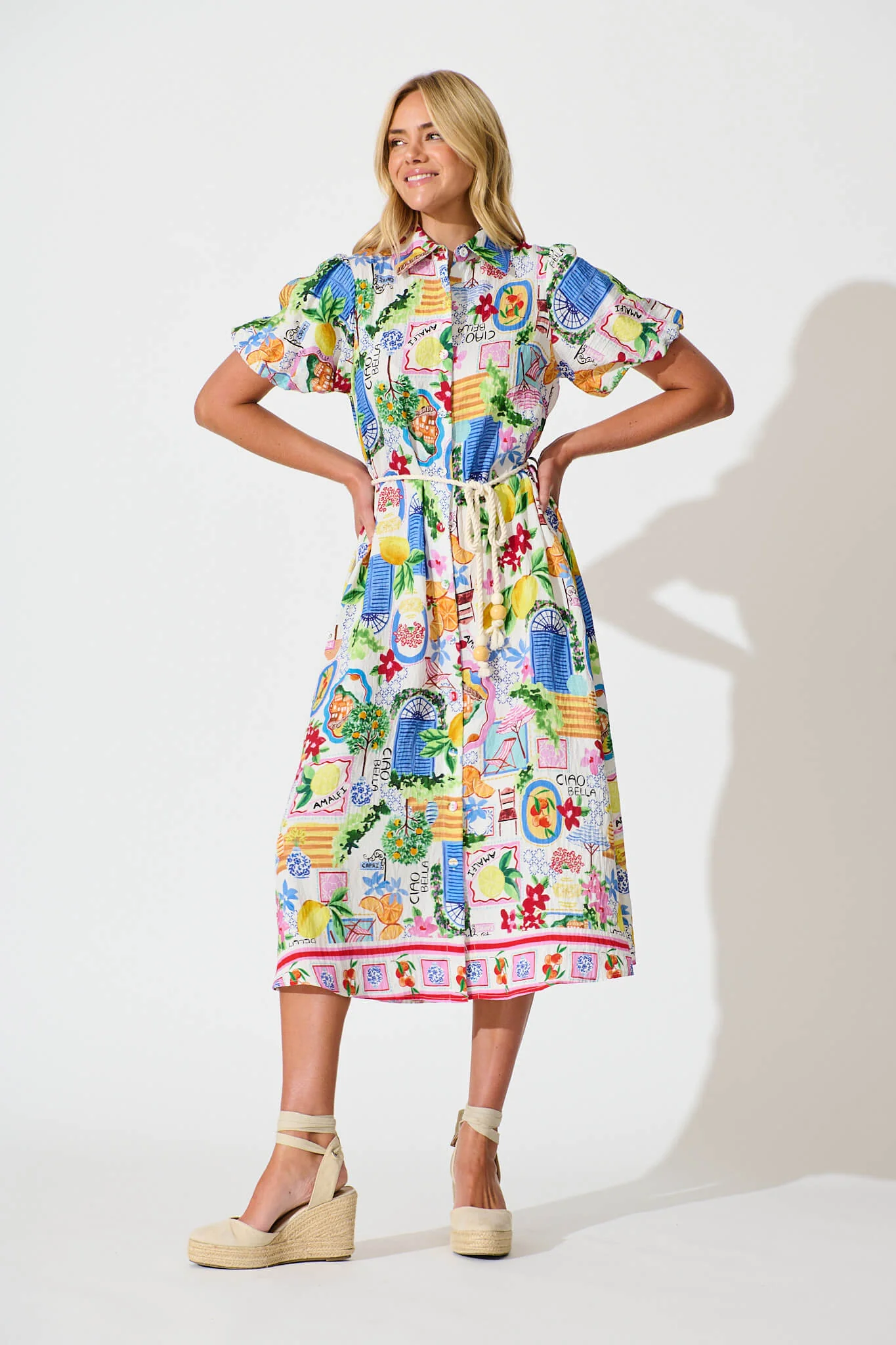 Dearest Midi Shirt Dress In White With Multi Print - Image 3