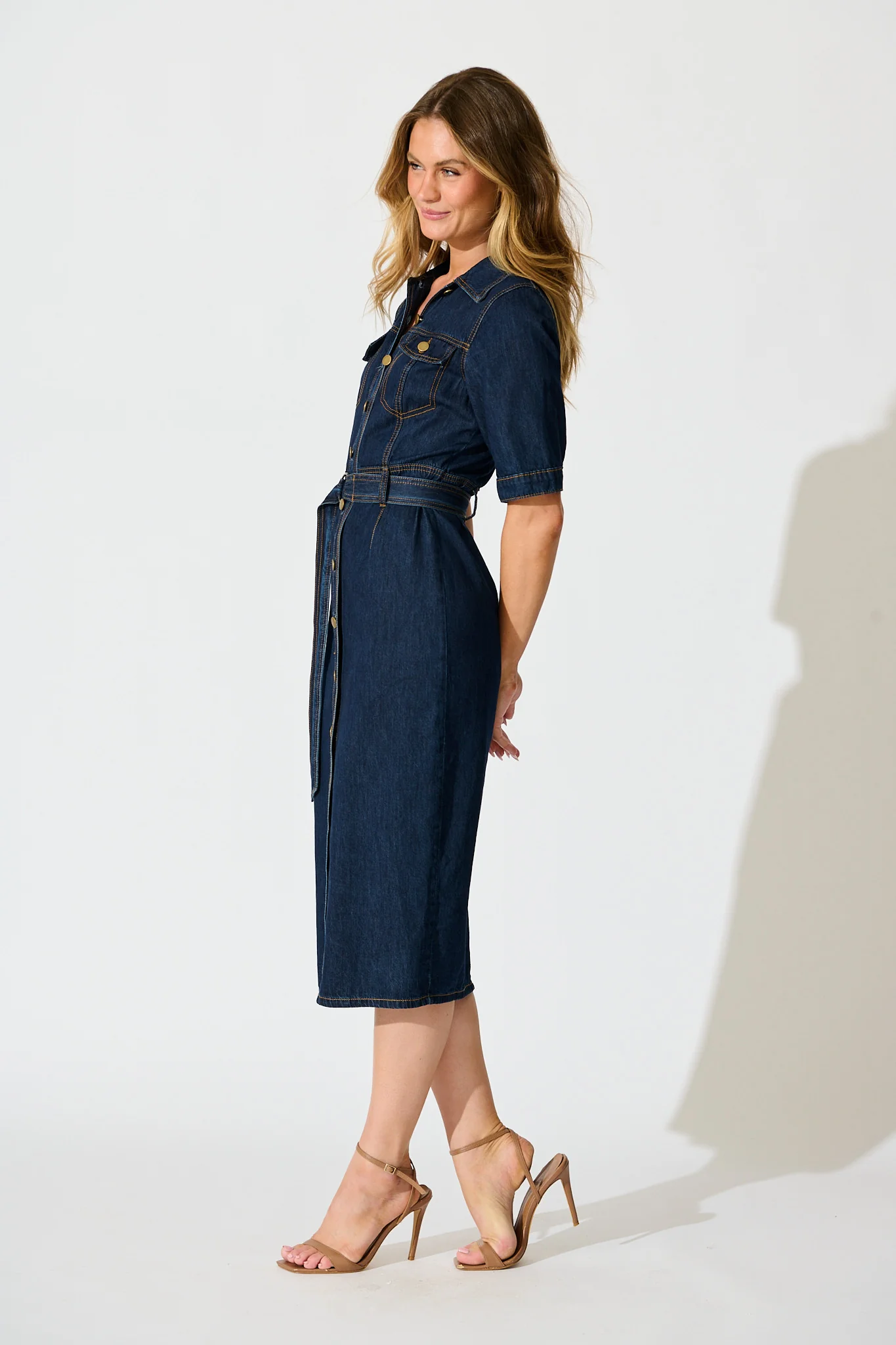 Delara Midi Shirt Dress in Dark Blue Denim - Image 3