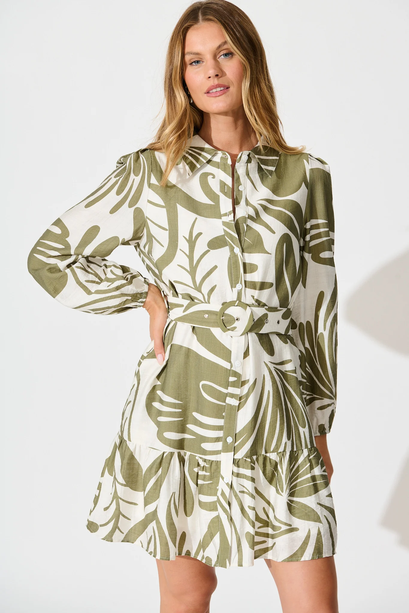 Della Shirt Dress in Khaki and Cream Leaf Print - Image 2