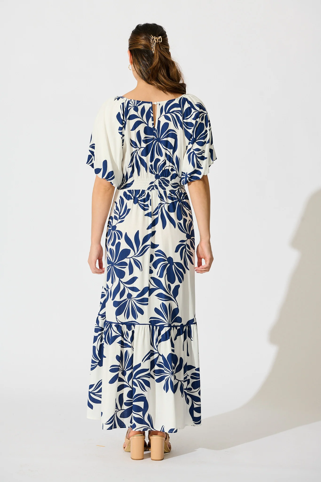 Delphinia Midi Dress in White with Navy Leaf Linen Blend - Image 4