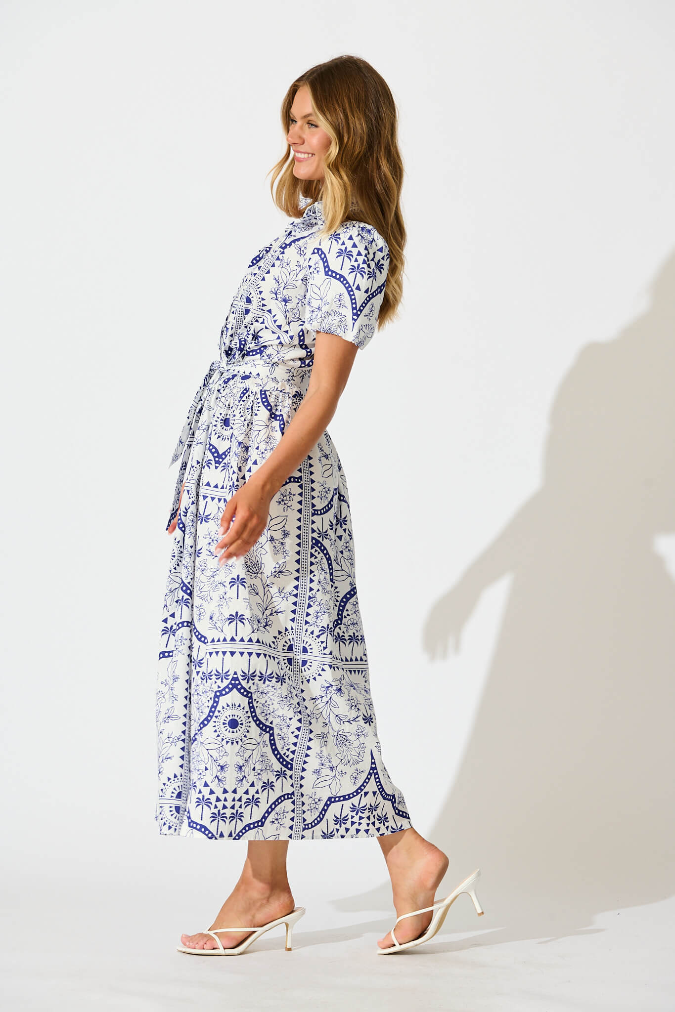 Delsanti Maxi Shirt Dress In White and Blue Cotton Linen - Image 3