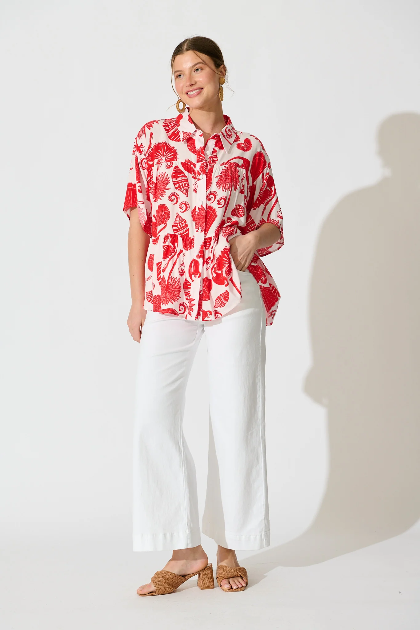 Deltina Shirt in Off White with Red Shell Print - Image 4