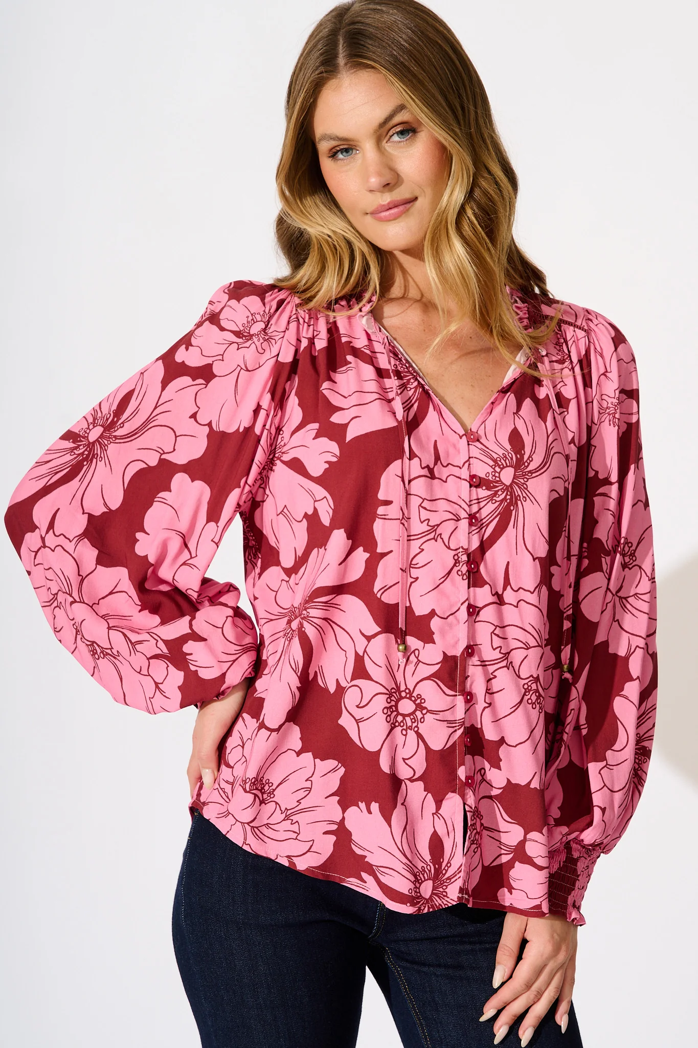 Devotion Top in Wine with Pink Floral - Image 2