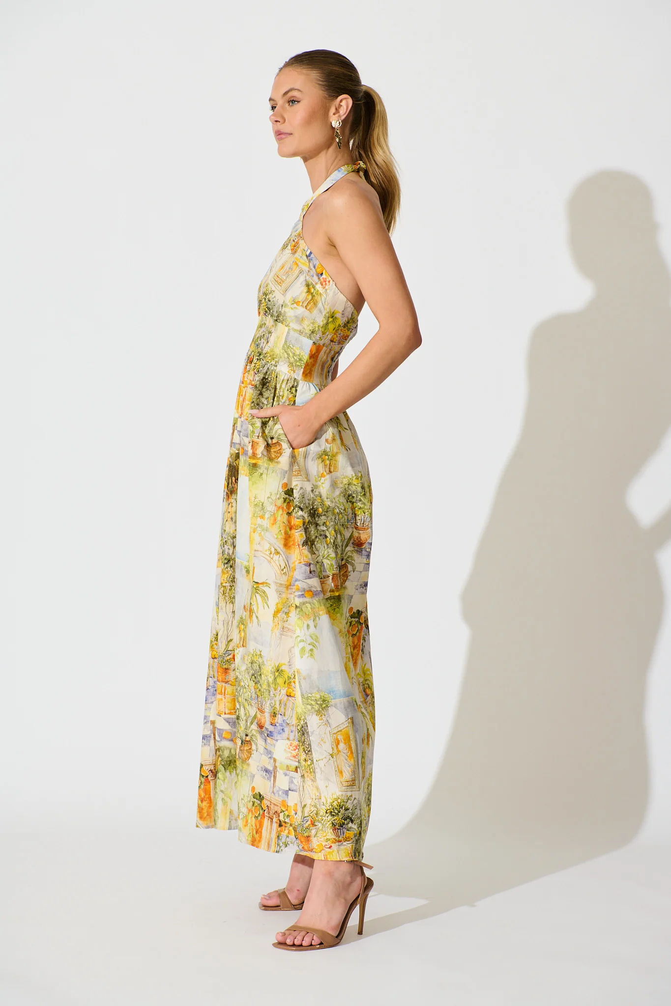 Dinah Halter Neck Maxi Dress in Yellow Multi Mediterranean Cotton - Image 3