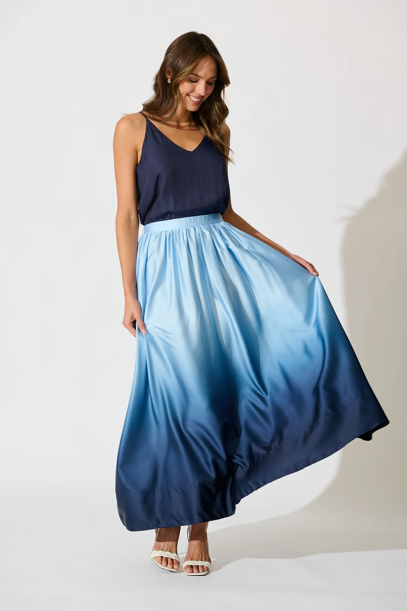 Dip and Dusk Maxi Ombre Skirt in Blue Satin - Image 4