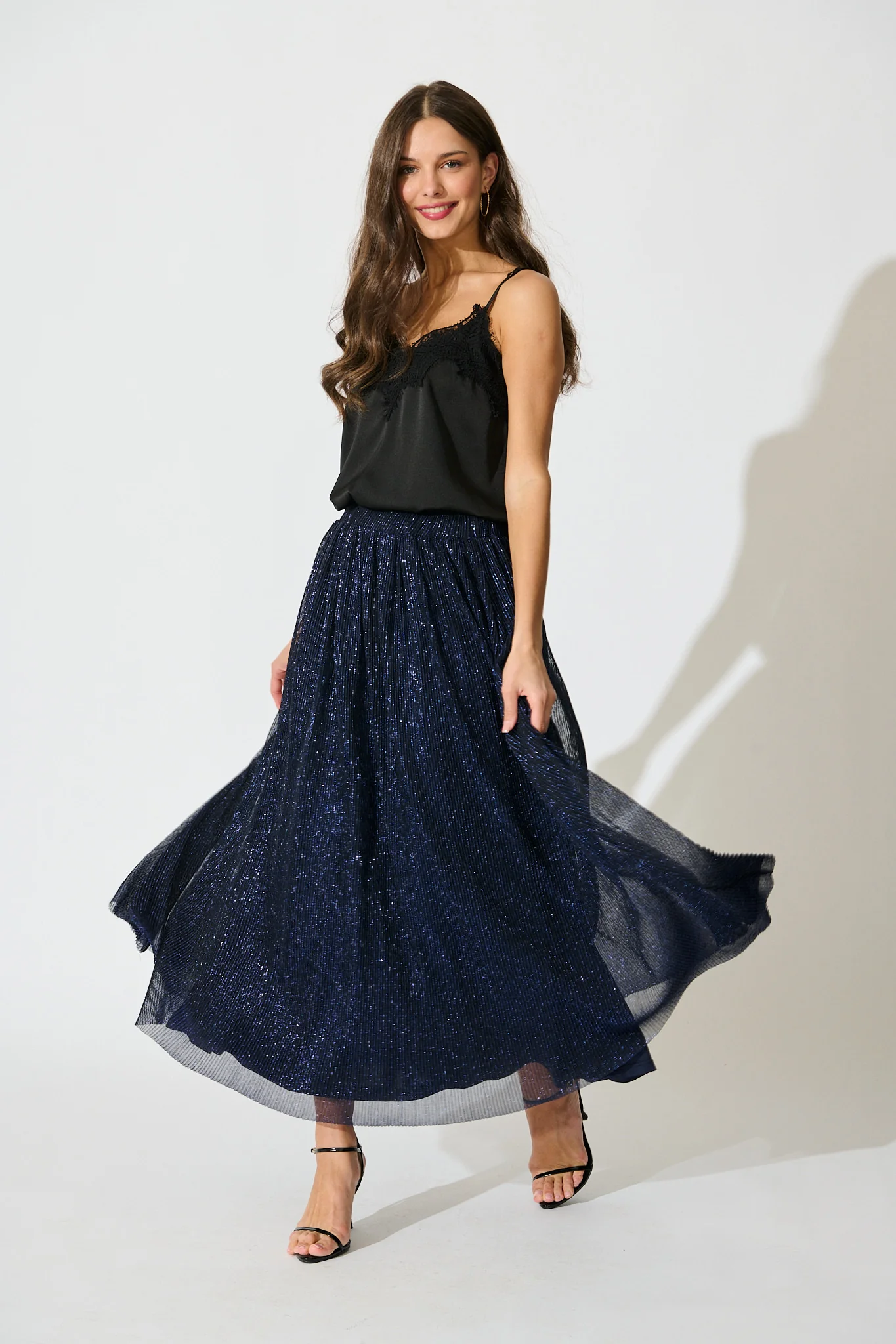 Dip and Dusk Maxi Skirt in Navy Lurex Chiffon - Image 4