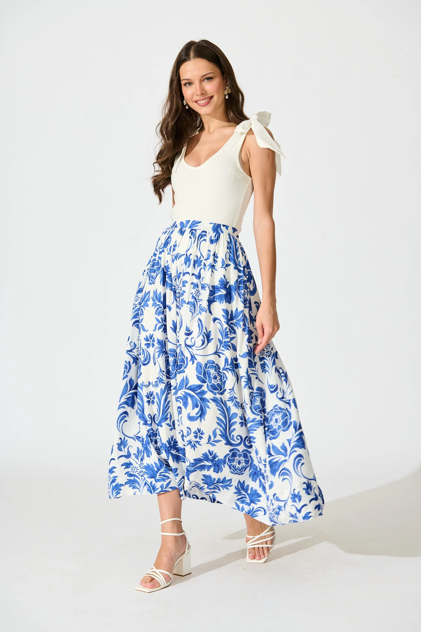 Dip and Dusk Maxi Skirt in White with Blue Floral - Image 4