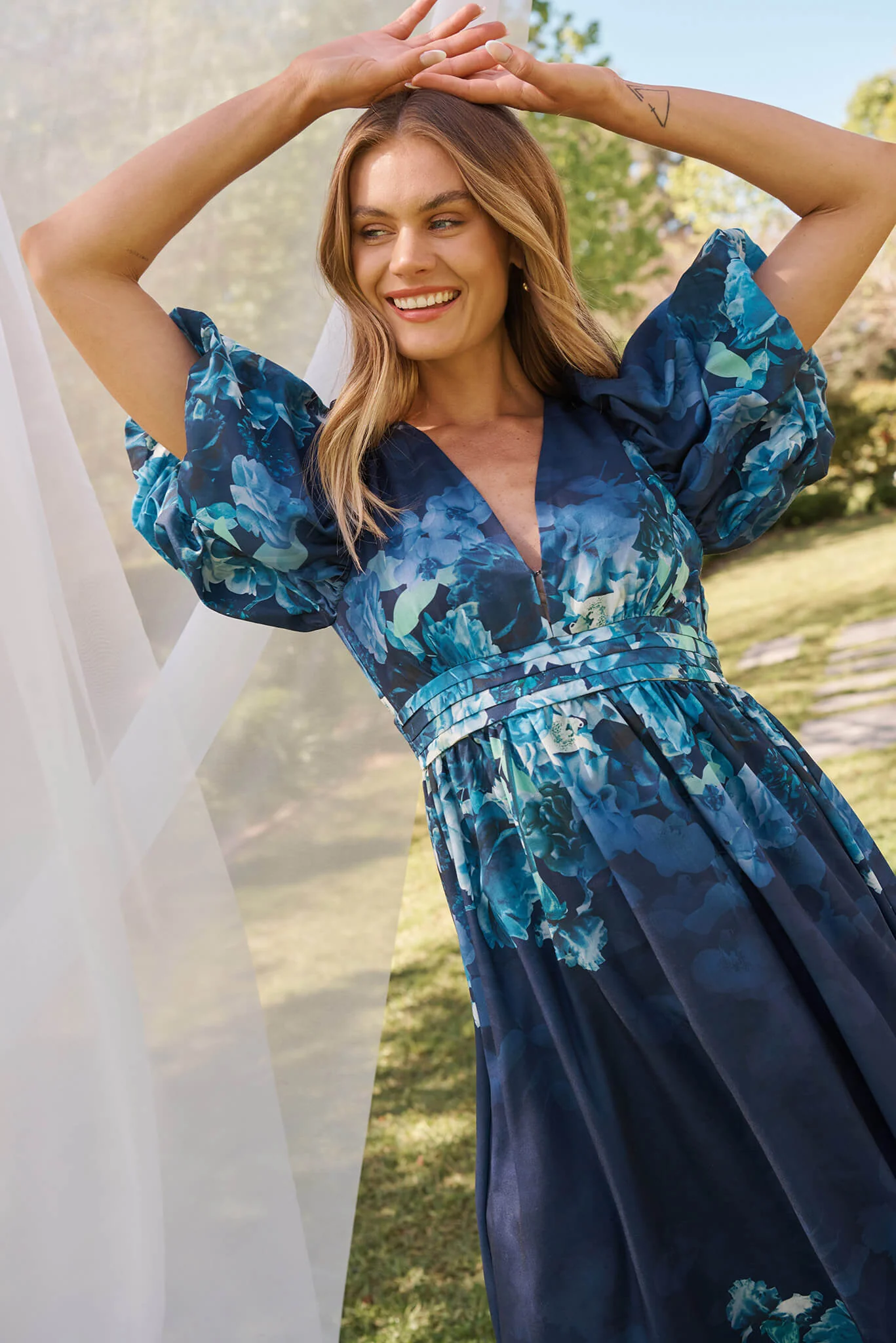 Divine Maxi Dress In Navy With Sage Multi Floral Print - Image 4