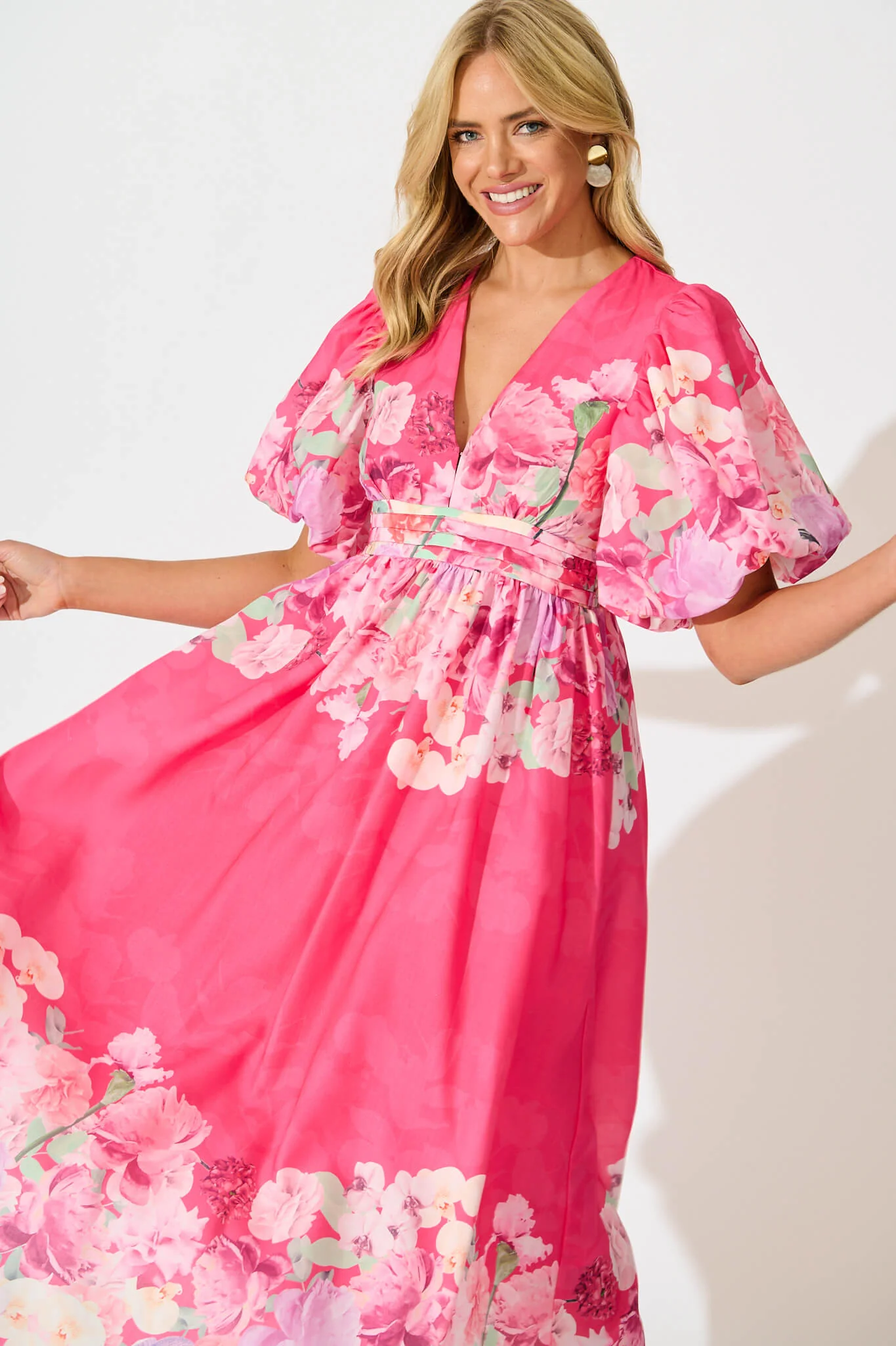 Divine Maxi Dress In Pink With Lilac Multi Floral Print - Image 2