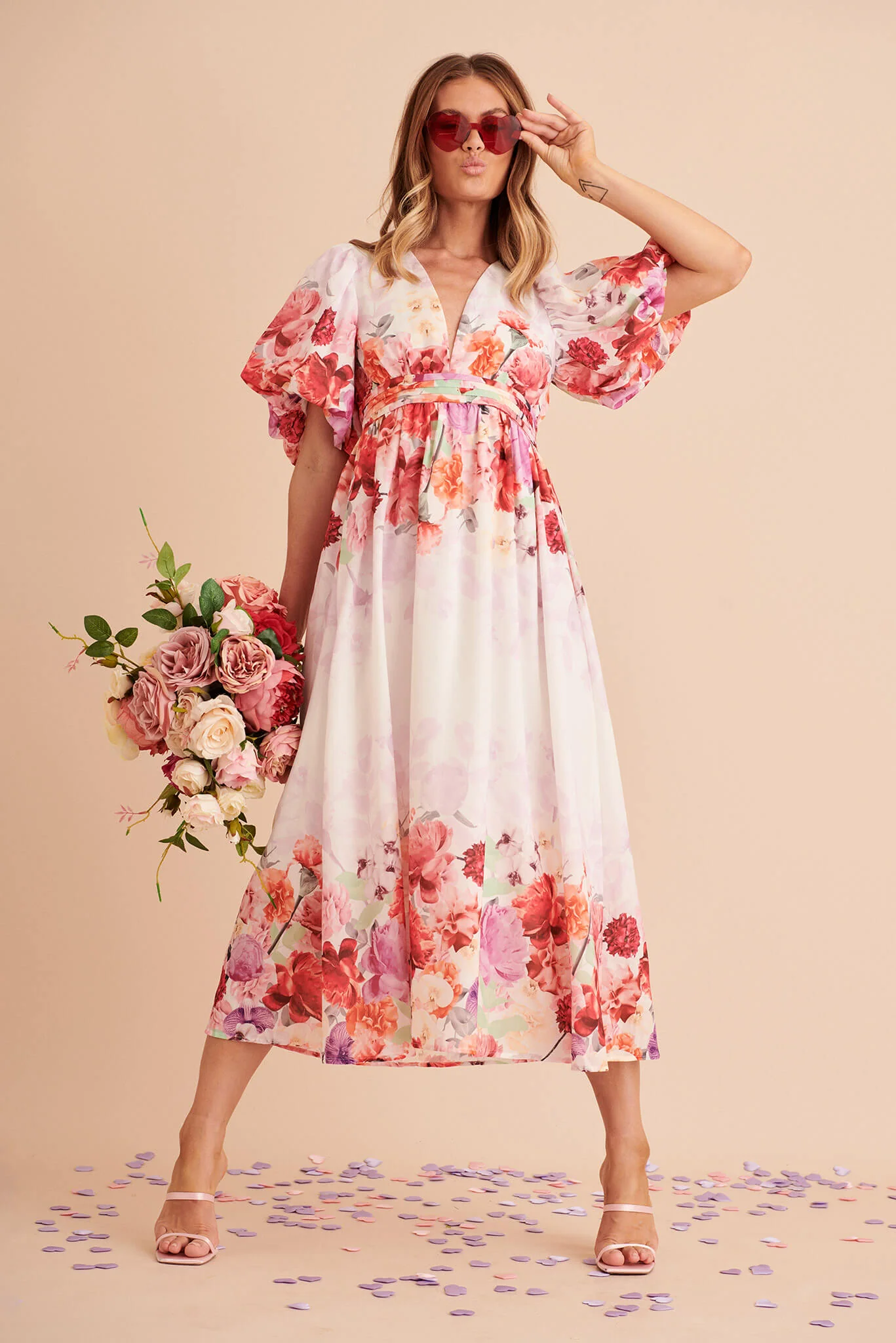 Divine Maxi Dress In White With Pink Multi Floral Print - Image 2