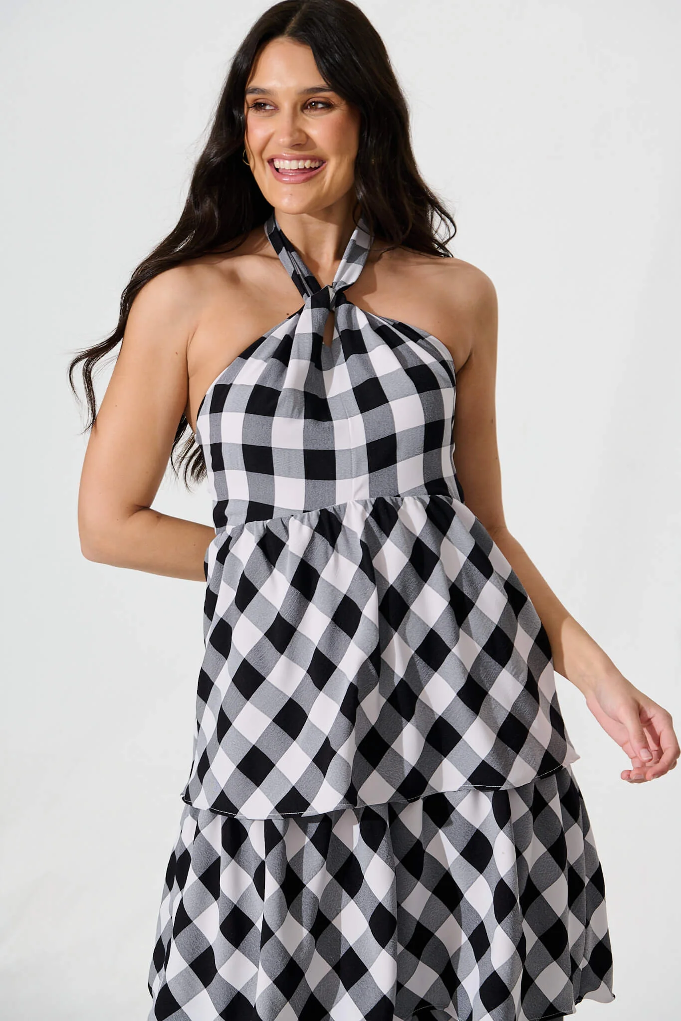 Dolson Halter Neck Midi Dress in Black and White Gingham - Image 2
