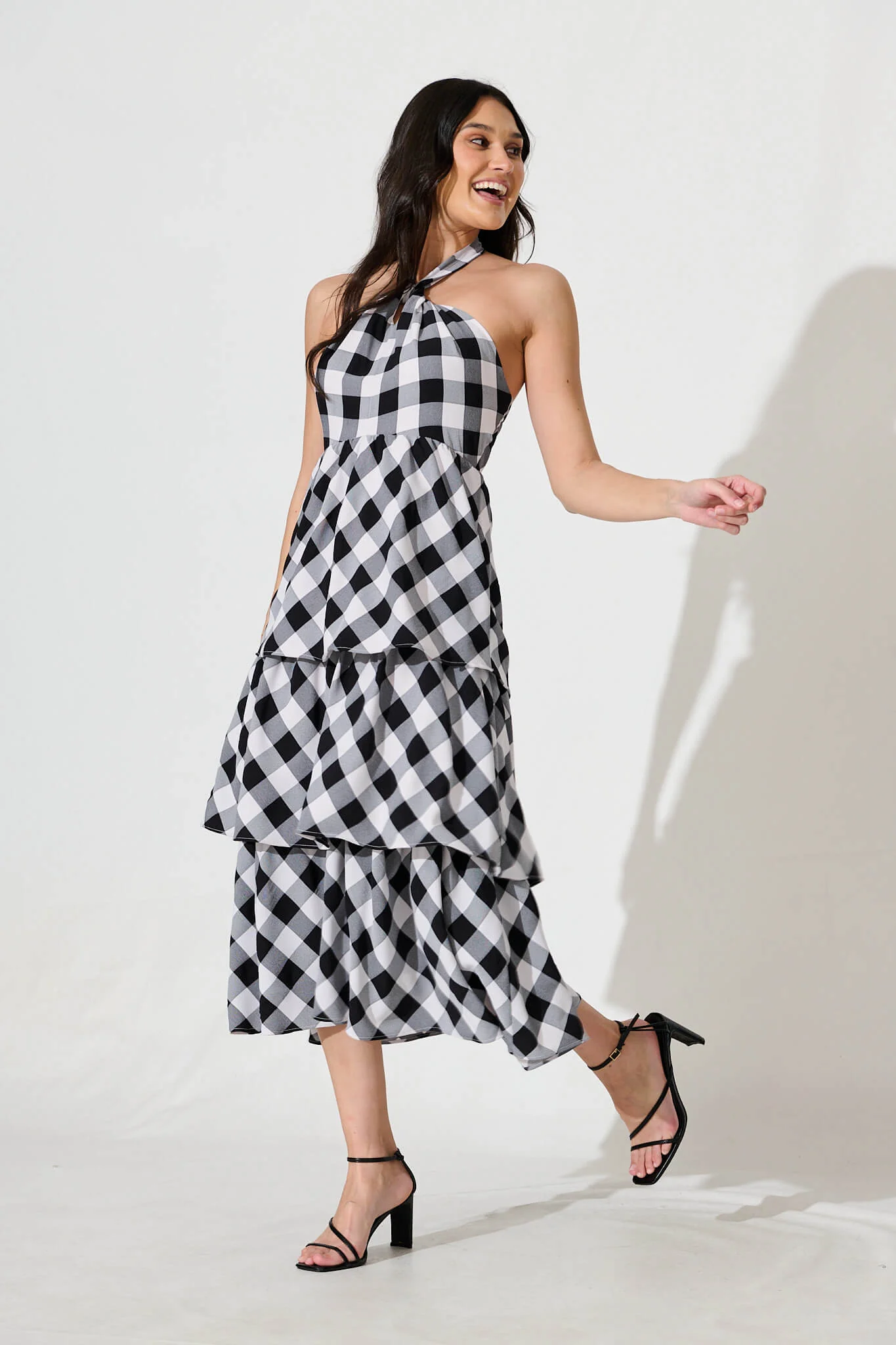 Dolson Halter Neck Midi Dress in Black and White Gingham - Image 3