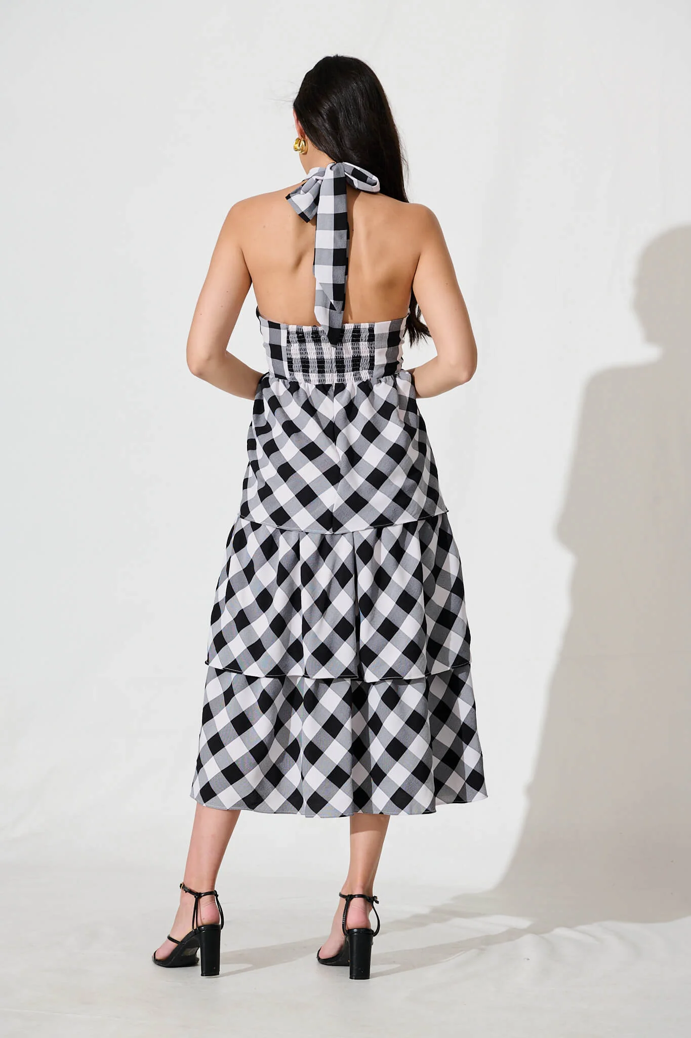 Dolson Halter Neck Midi Dress in Black and White Gingham - Image 4