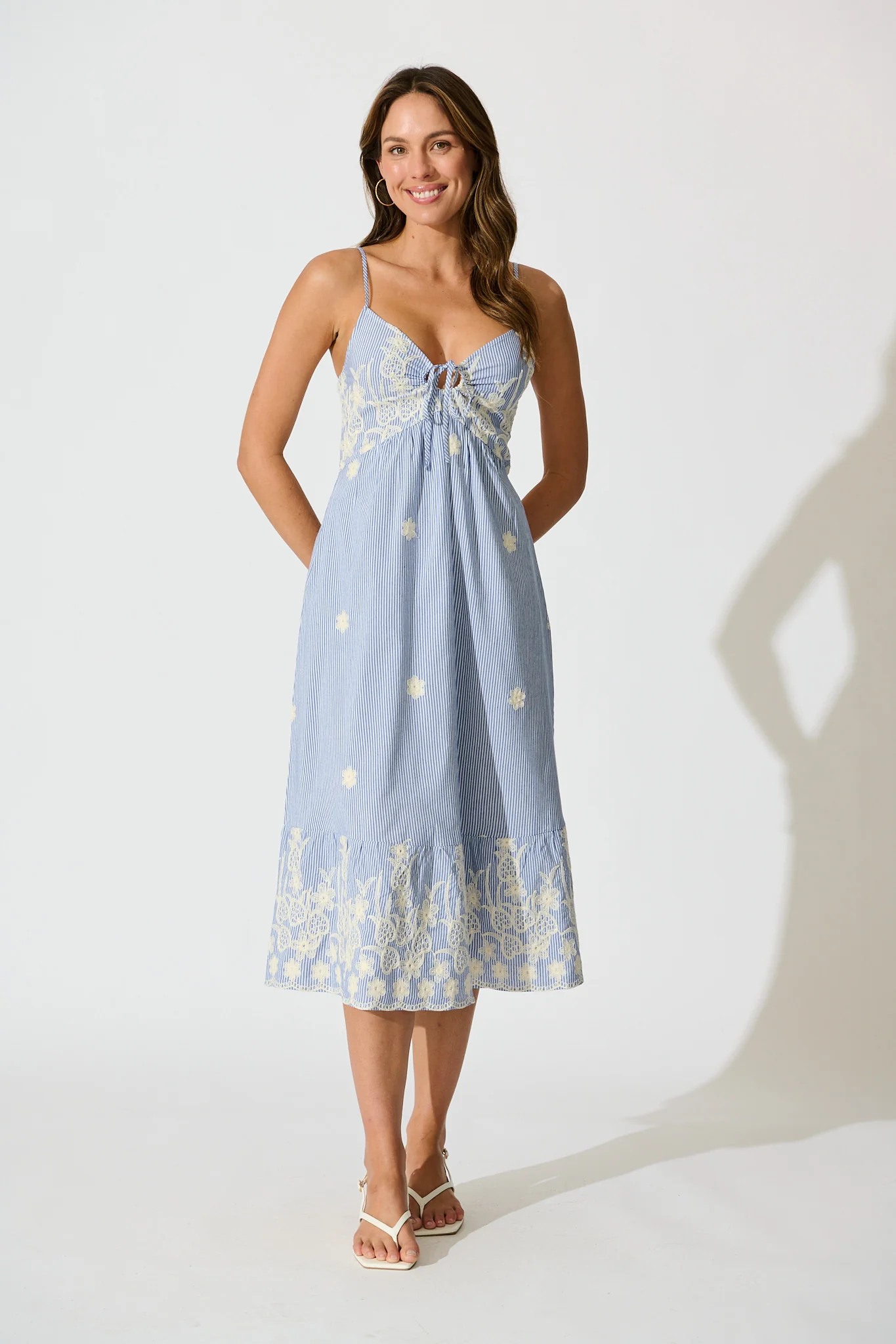 Dorah Midi Sundress in Blue Stripe with Floral Embroidery Cotton