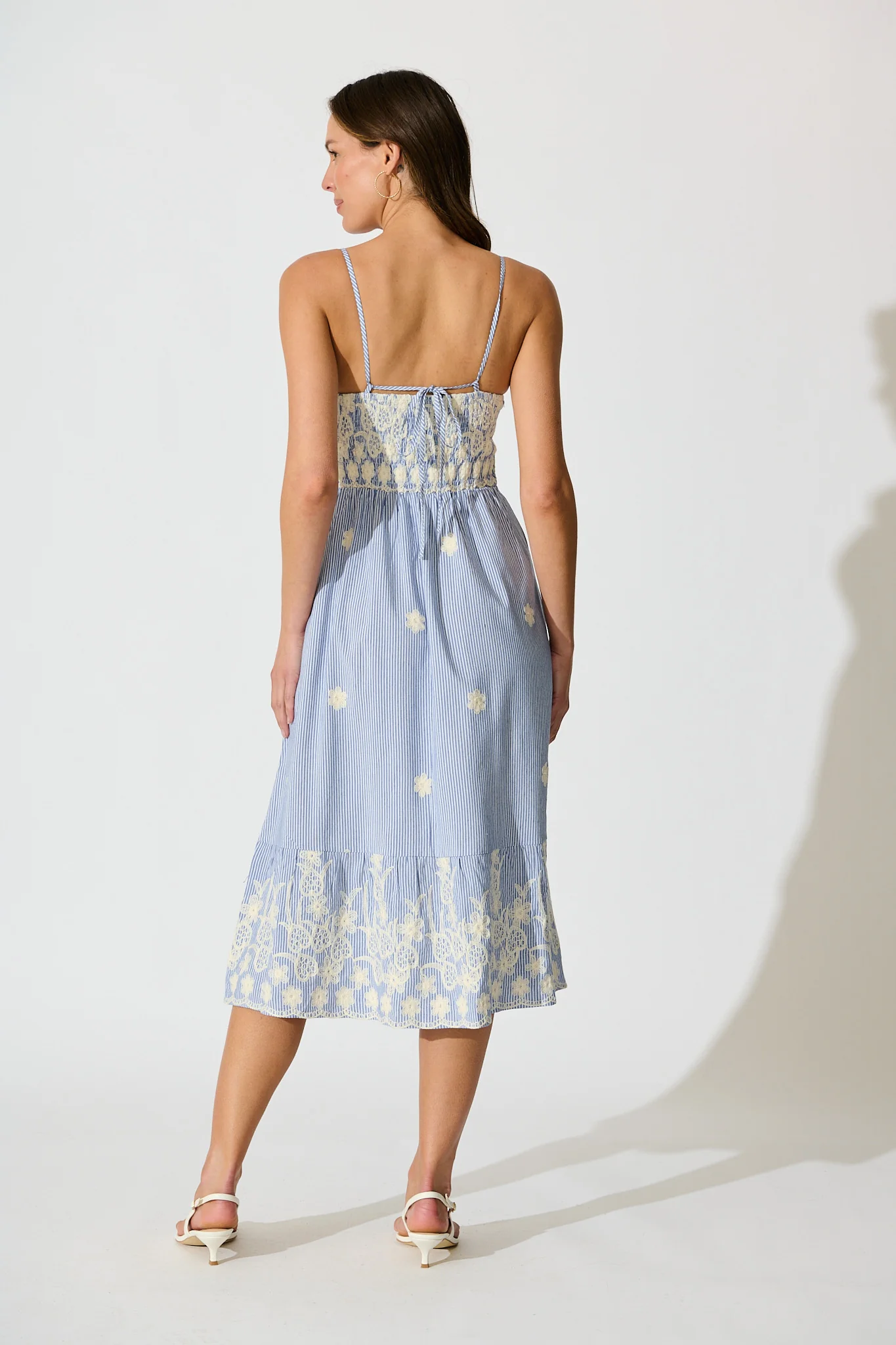 Dorah Midi Sundress in Blue Stripe with Floral Embroidery Cotton - Image 4
