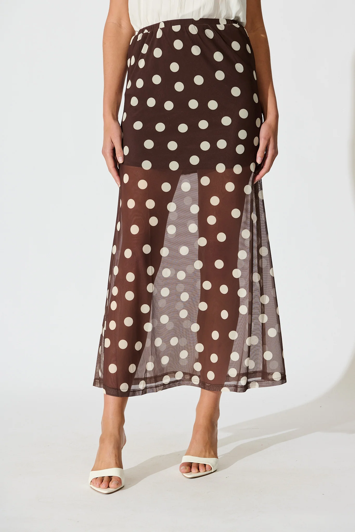 Dotted Moment Maxi Skirt in Brown with White Polka Dot