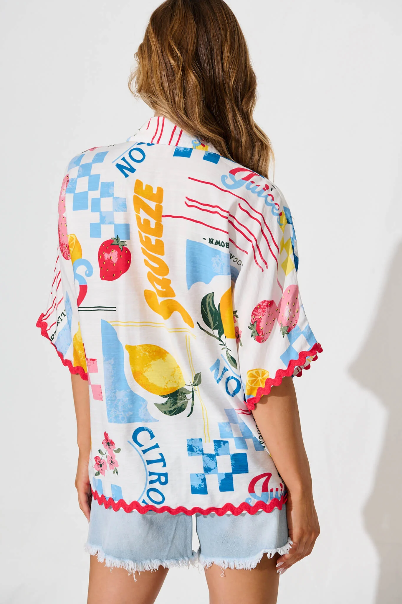 Dream Girl Shirt In White Lemon Print Ric Rac Trim - Image 3