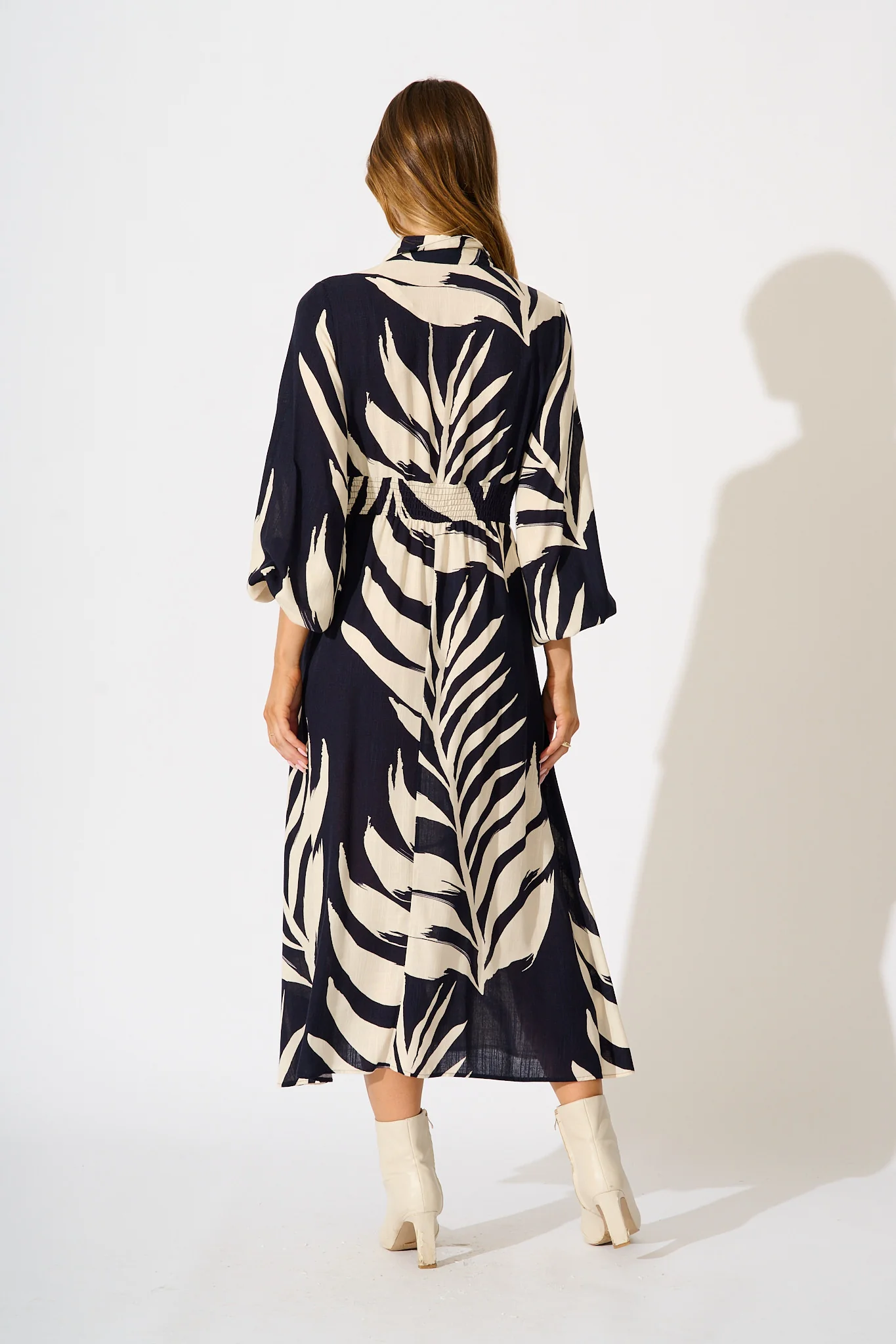Dreamscape Midi Shirt Dress in Navy and Cream Print - Image 4