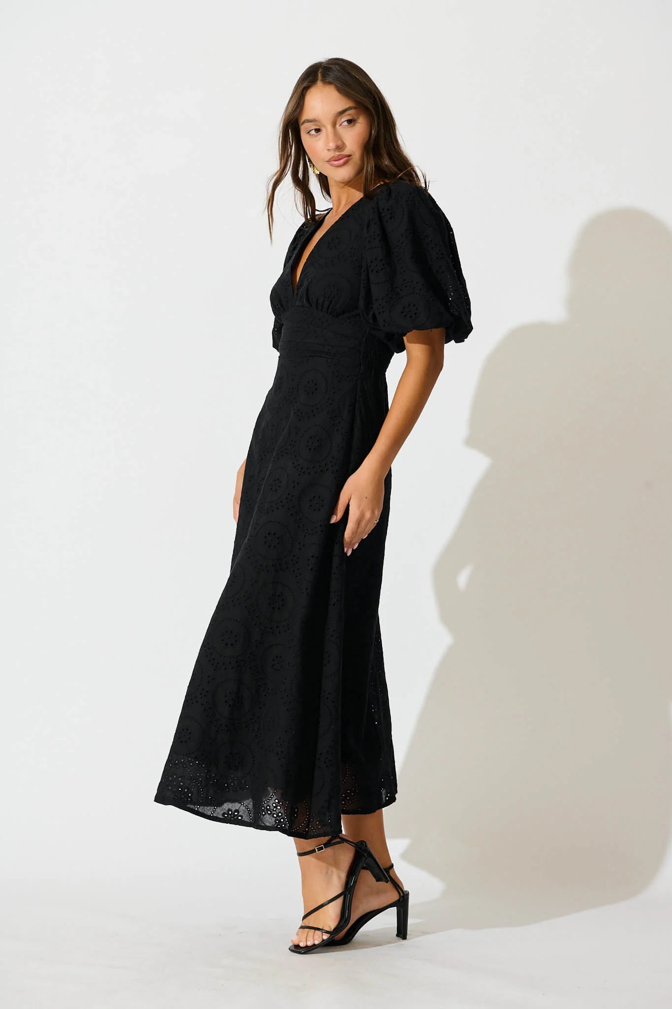 Duchess Maxi Dress In Black Broderie Cotton - Image 3