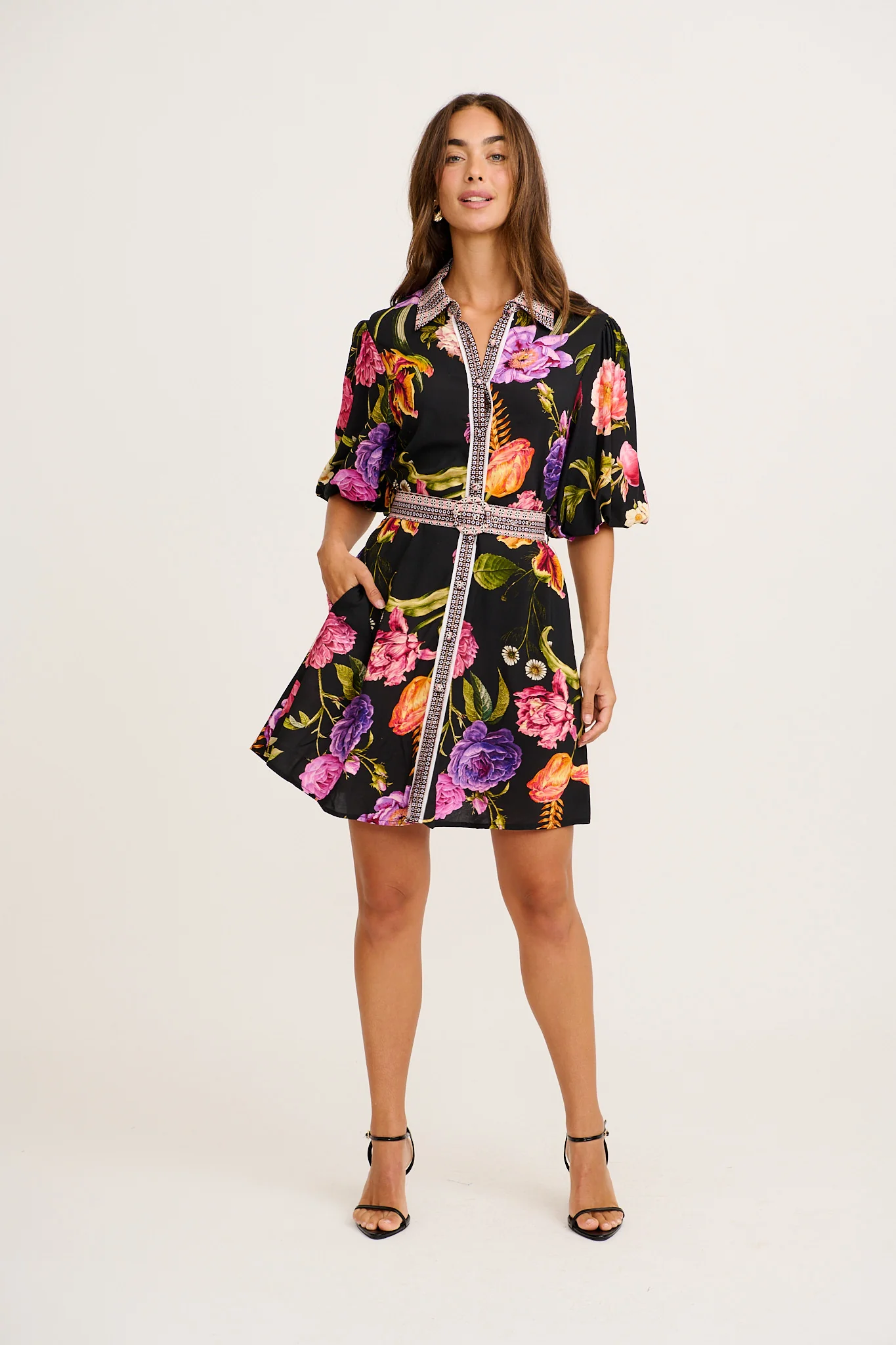 Dusk Soiree Shirt Dress in Black with Multi Floral - Image 3