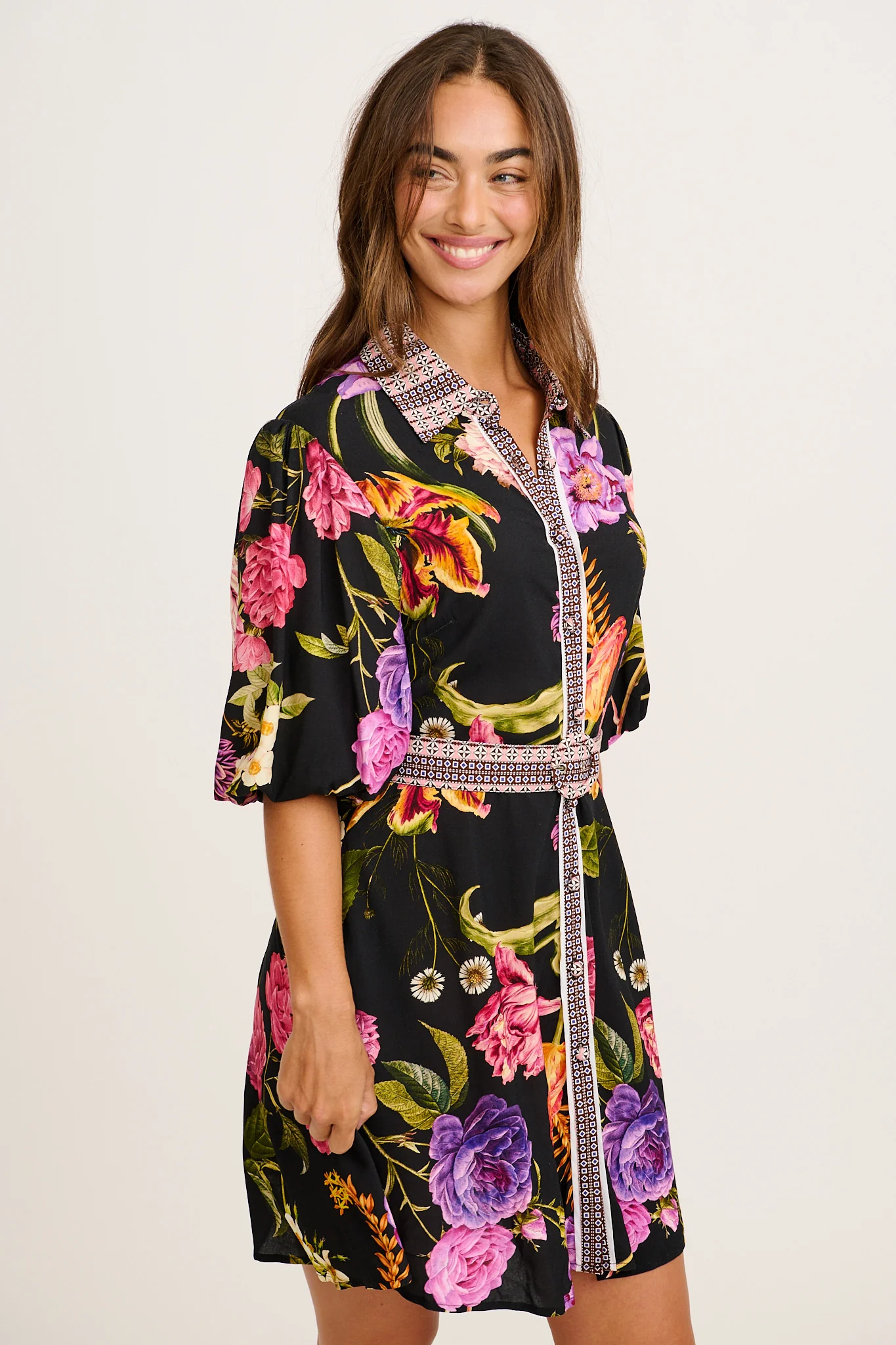Dusk Soiree Shirt Dress in Black with Multi Floral - Image 7