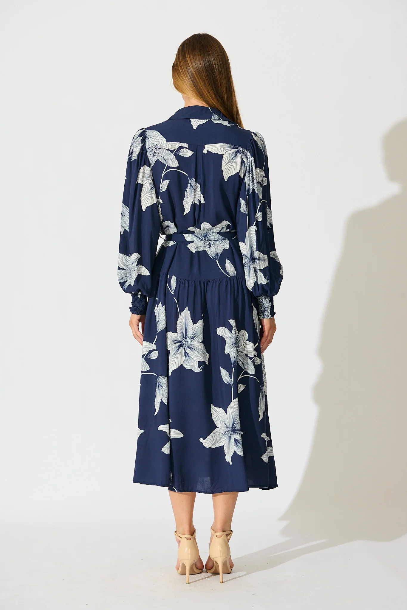 Eden Mist Midi Shirt Dress in Navy with White Floral Print - Image 4