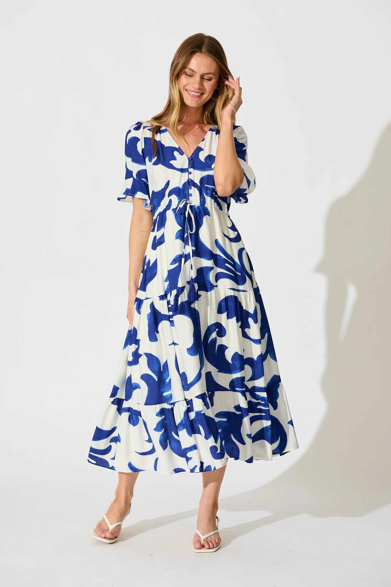 Effia Midi Dress in Blue and White Leaf Print