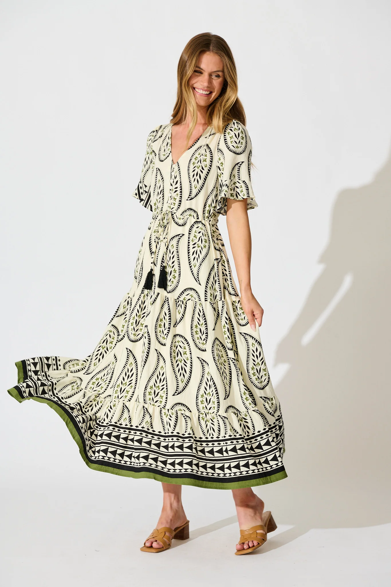 Effia Midi Dress in White with Black Paisley Print