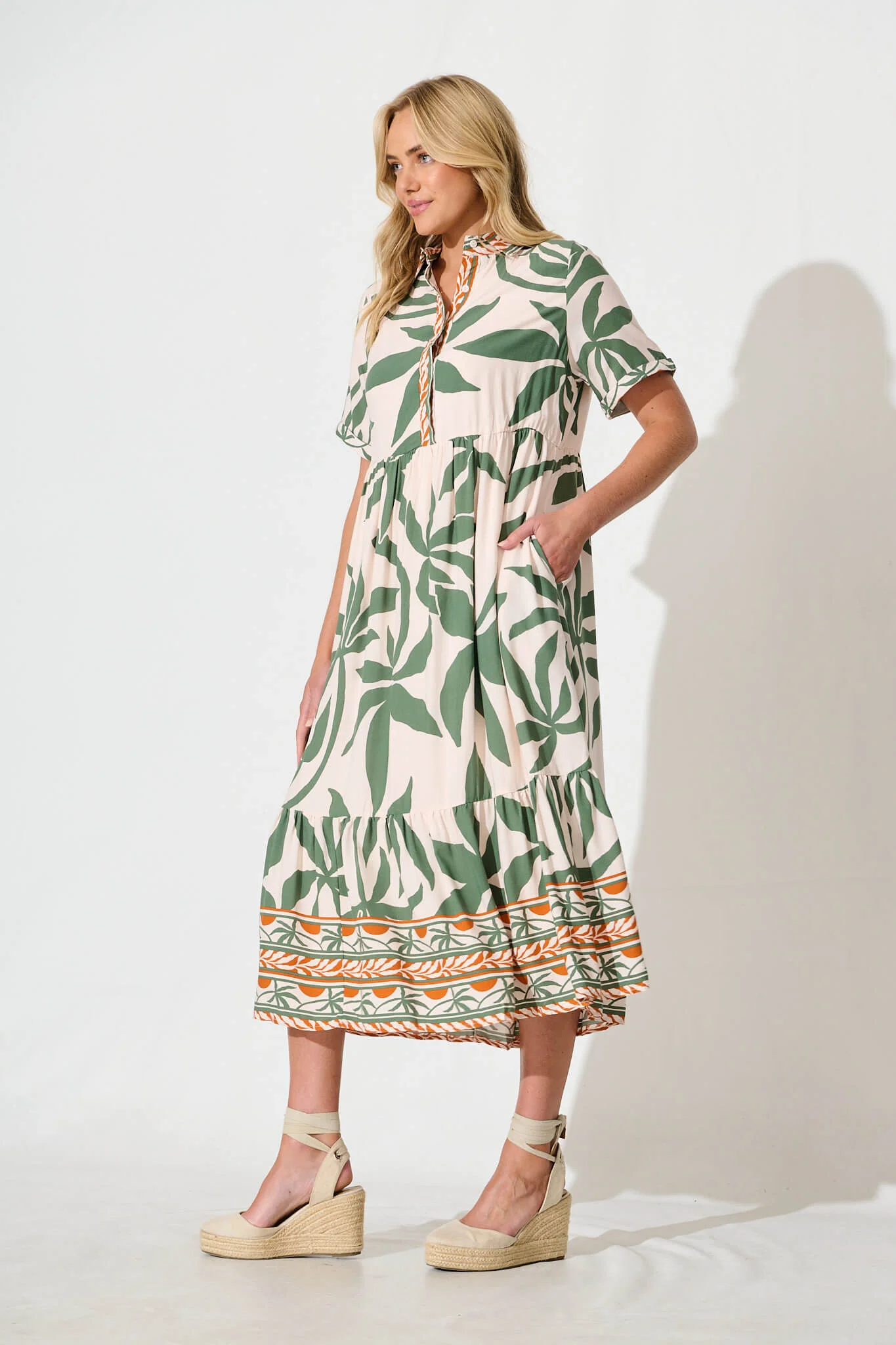 Elestria Midi Smock Dress in Cream with Green Leaf - Image 3