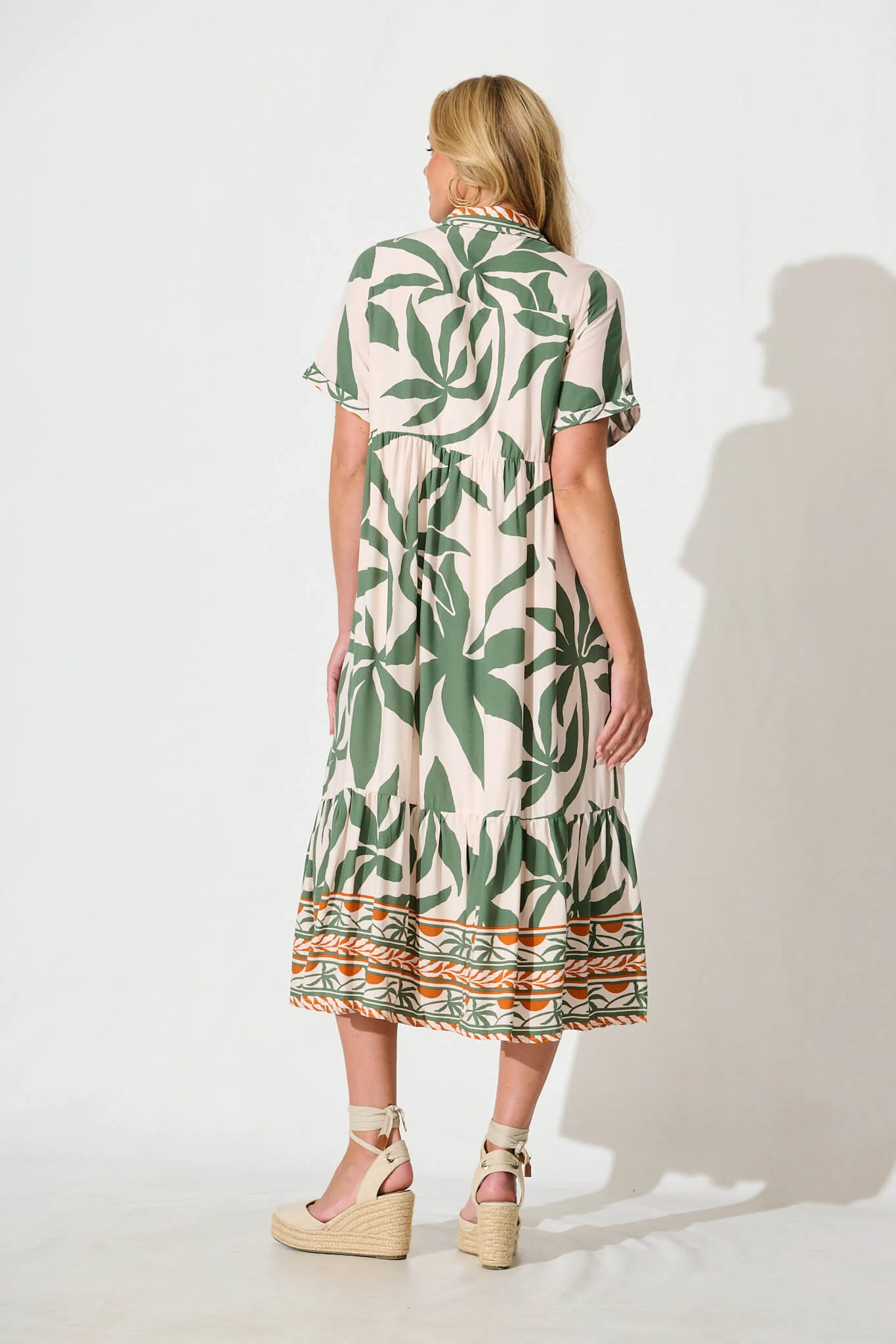 Elestria Midi Smock Dress in Cream with Green Leaf - Image 4