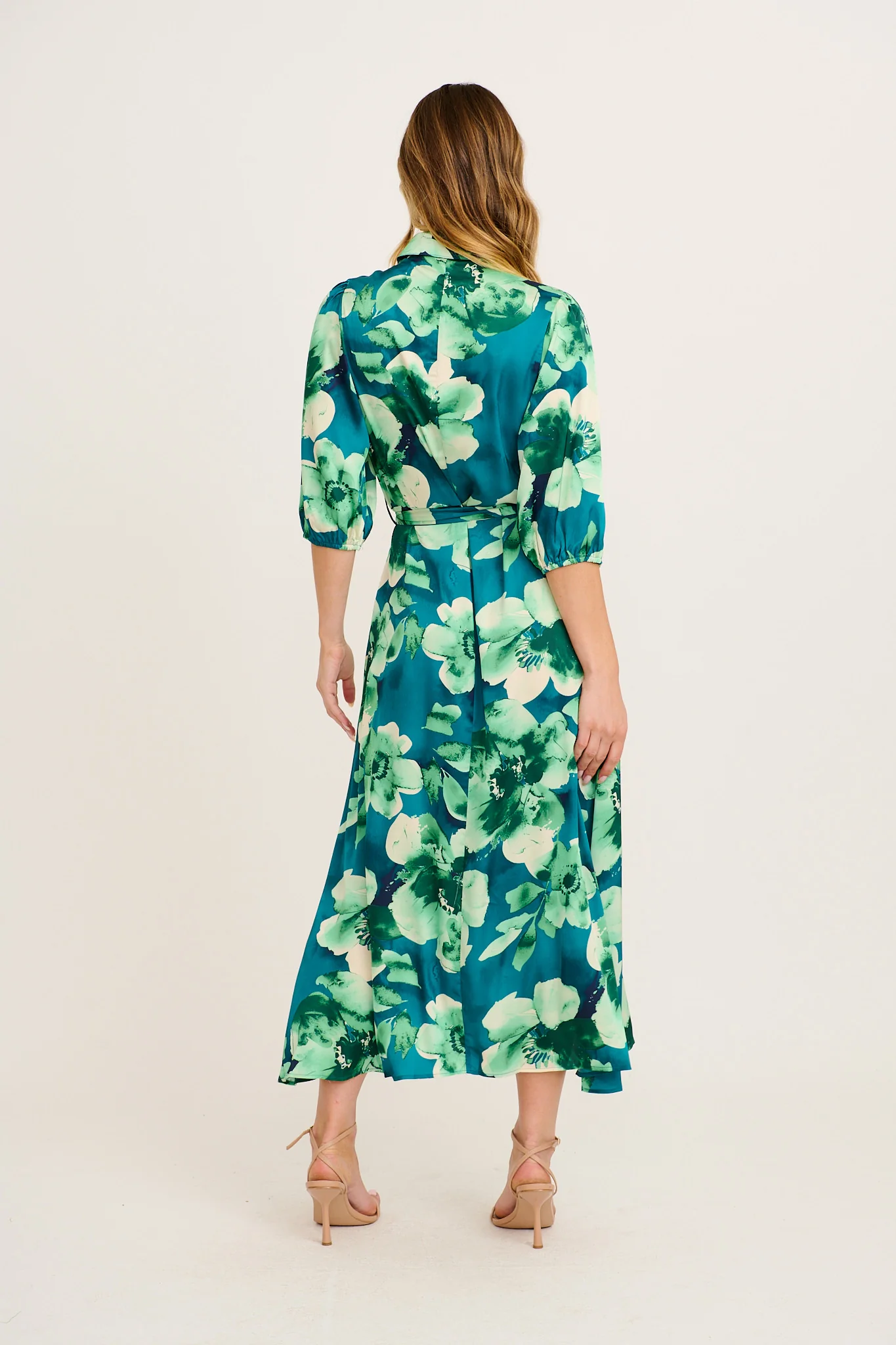 Elevation Maxi Shirt Dress in Emerald Floral Satin - Image 4