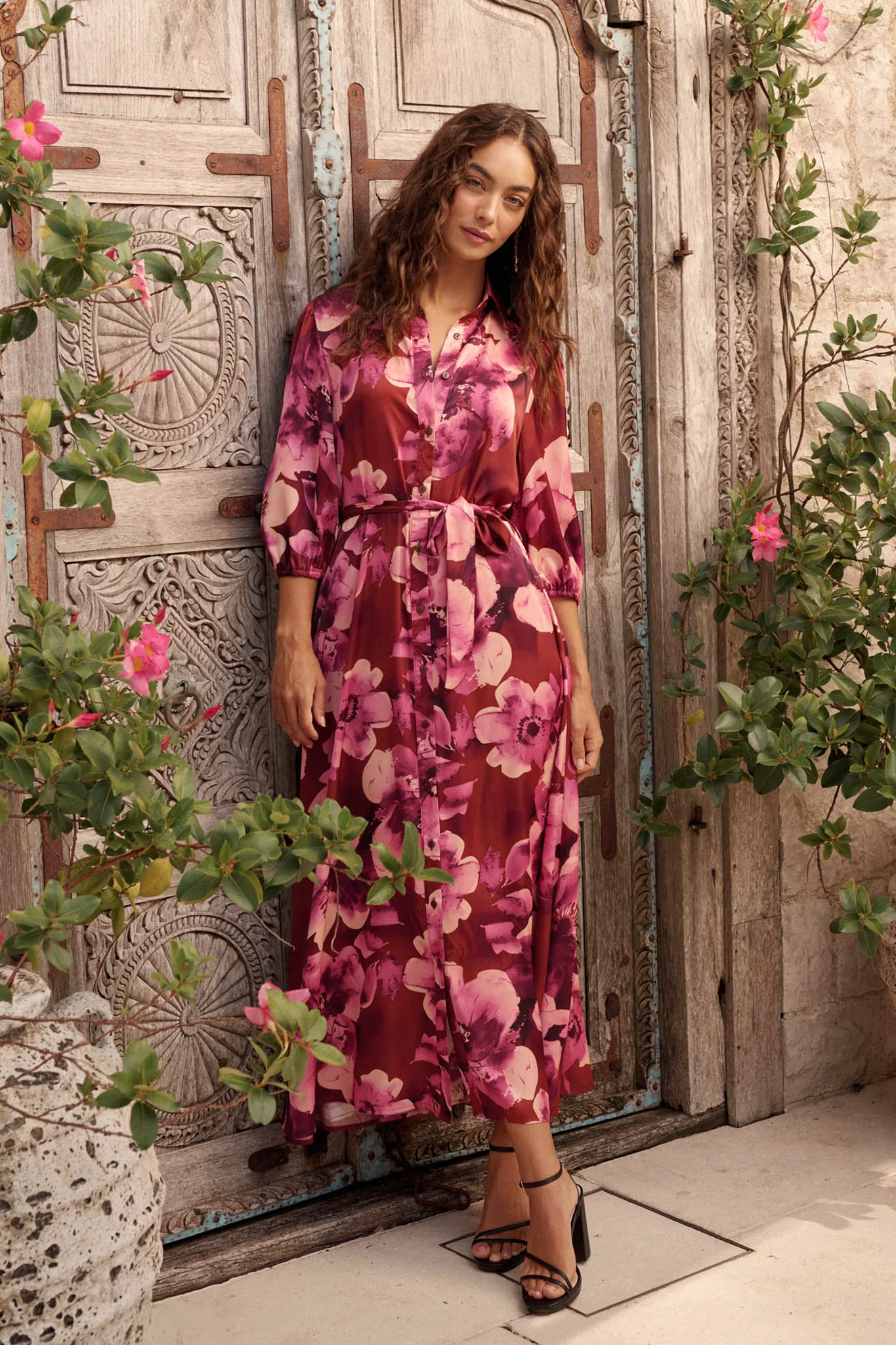 Elevation Maxi Shirt Dress in Wine with Blush Floral Satin