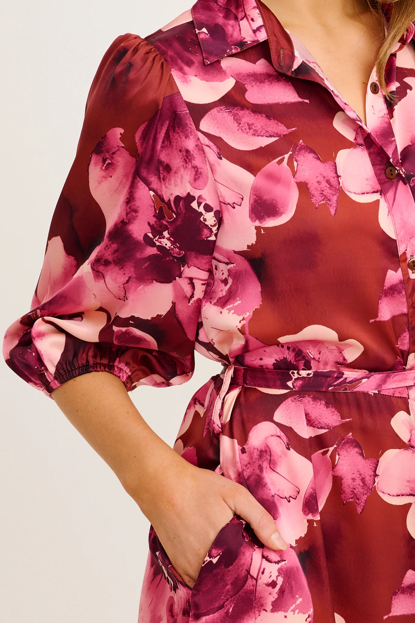 Elevation Maxi Shirt Dress in Wine with Blush Floral Satin - Image 10