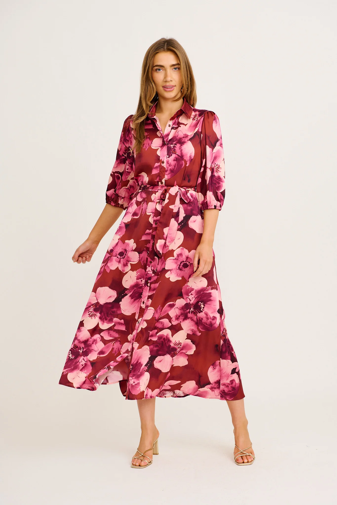 Elevation Maxi Shirt Dress in Wine with Blush Floral Satin - Image 3