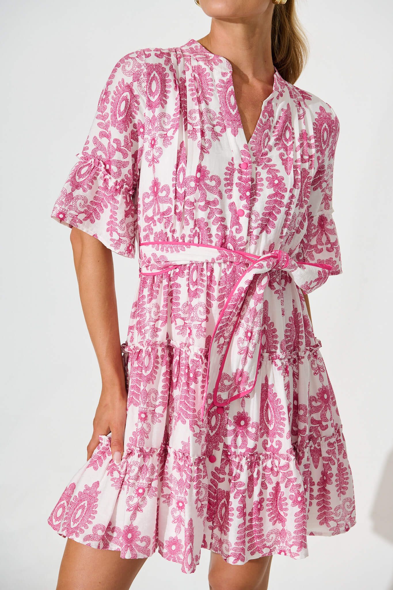 Elio Dress in White with Pink Floral Print - Image 5