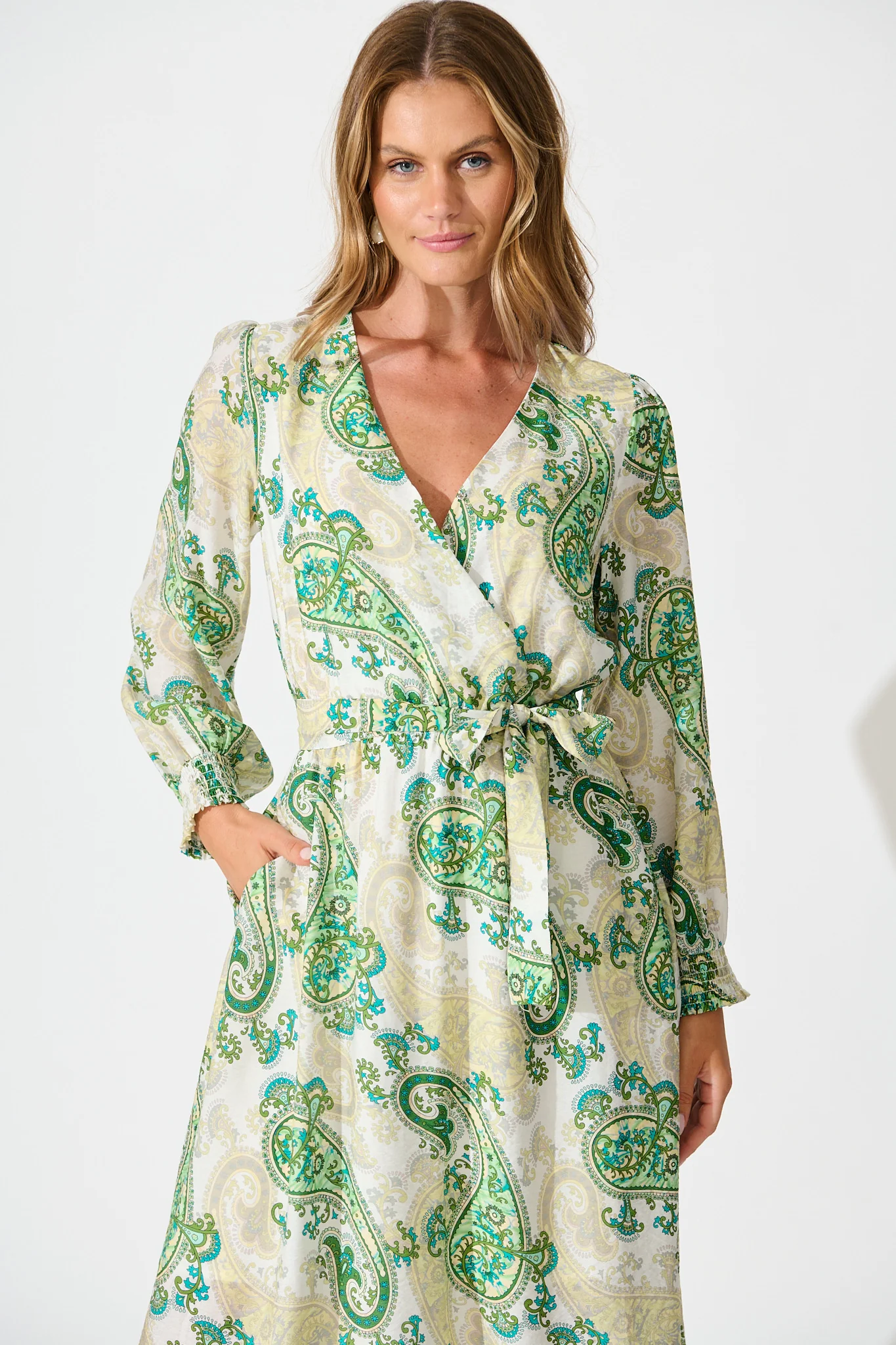 Eliza Maxi Dress in White and Green Leaf Print - Image 2
