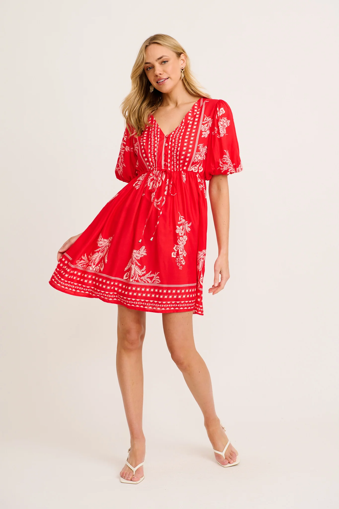Elka Dress in Red with Cream Leaf Print