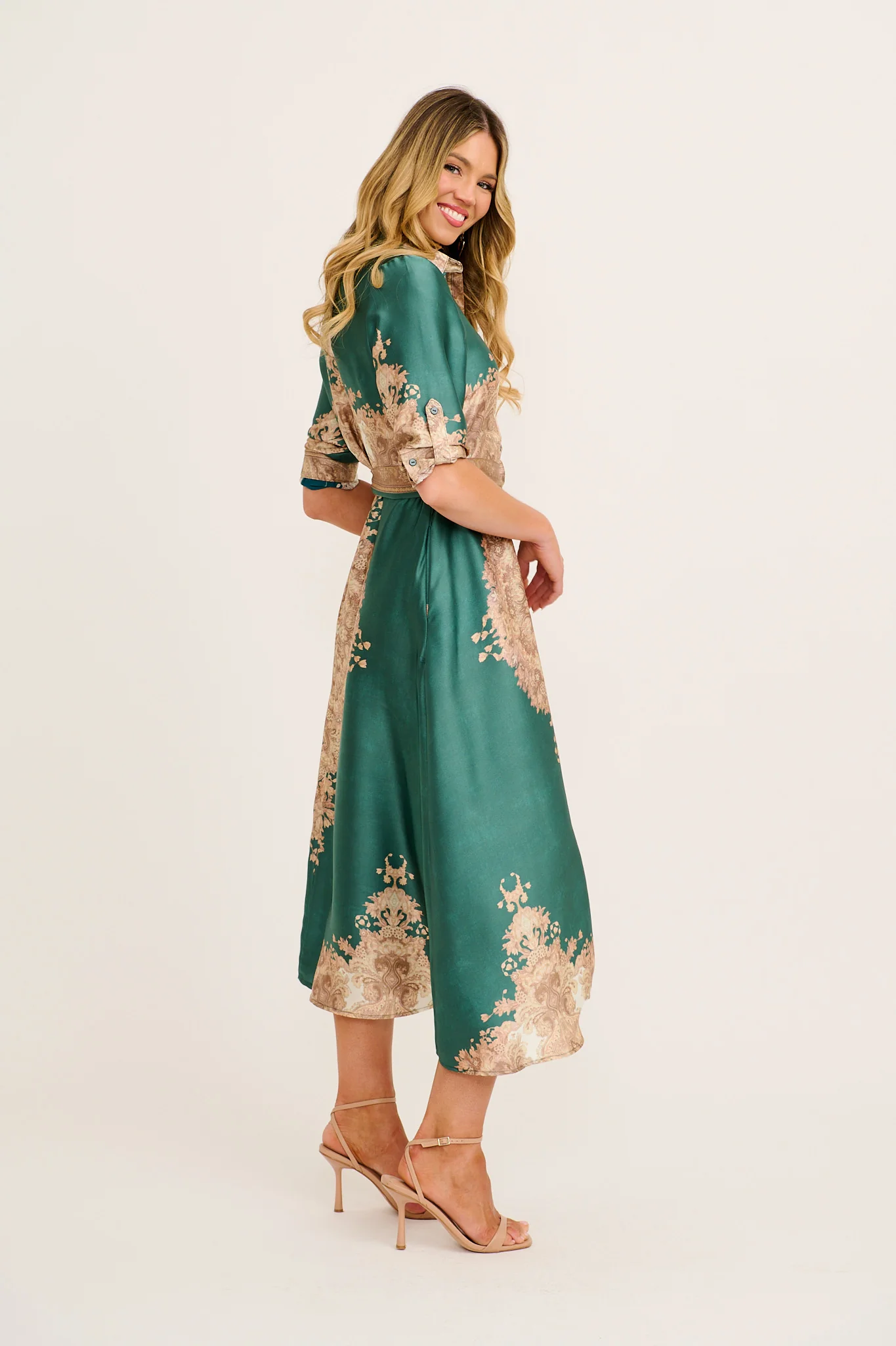 Ellen Midi Shirt Dress in Emerald with Multi Placement Satin - Image 3