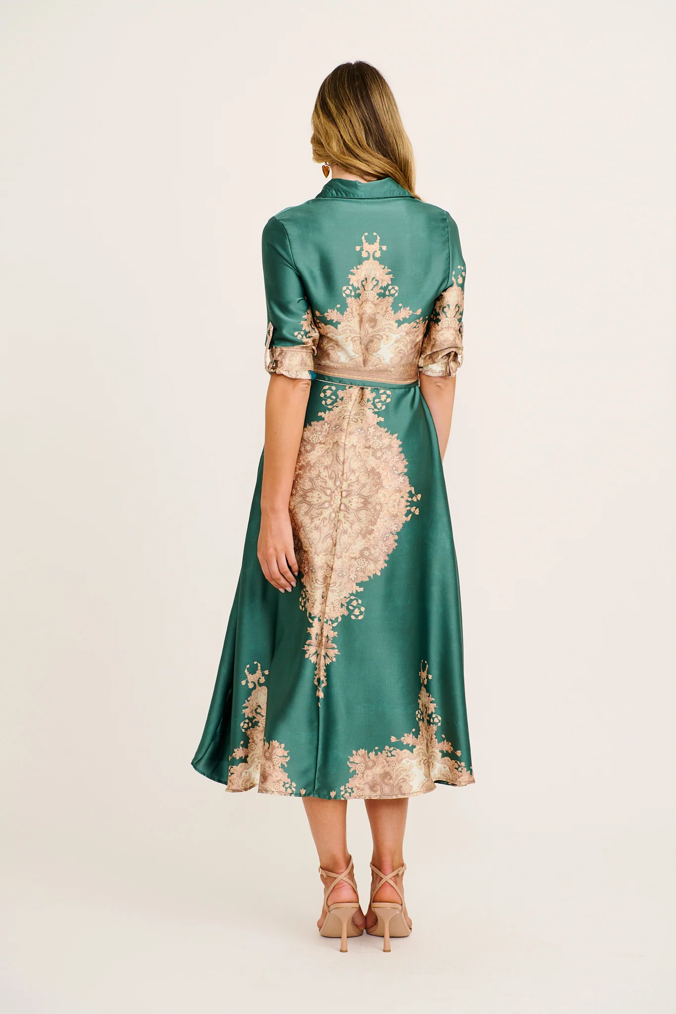 Ellen Midi Shirt Dress in Emerald with Multi Placement Satin - Image 4