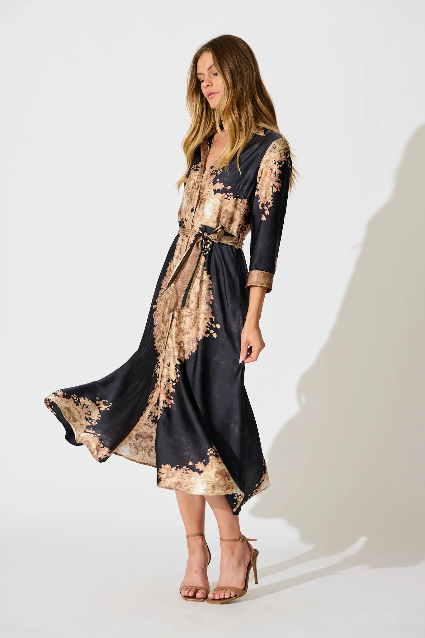 Ellen Midi Shirt Dress in Navy with Multi Placement Satin