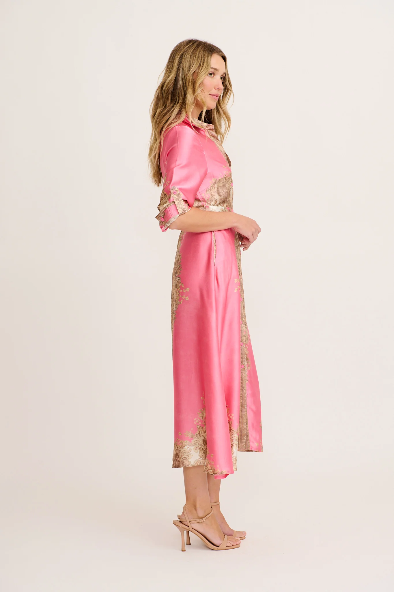 Ellen Midi Shirt Dress in Pink with Multi Placement Satin - Image 3