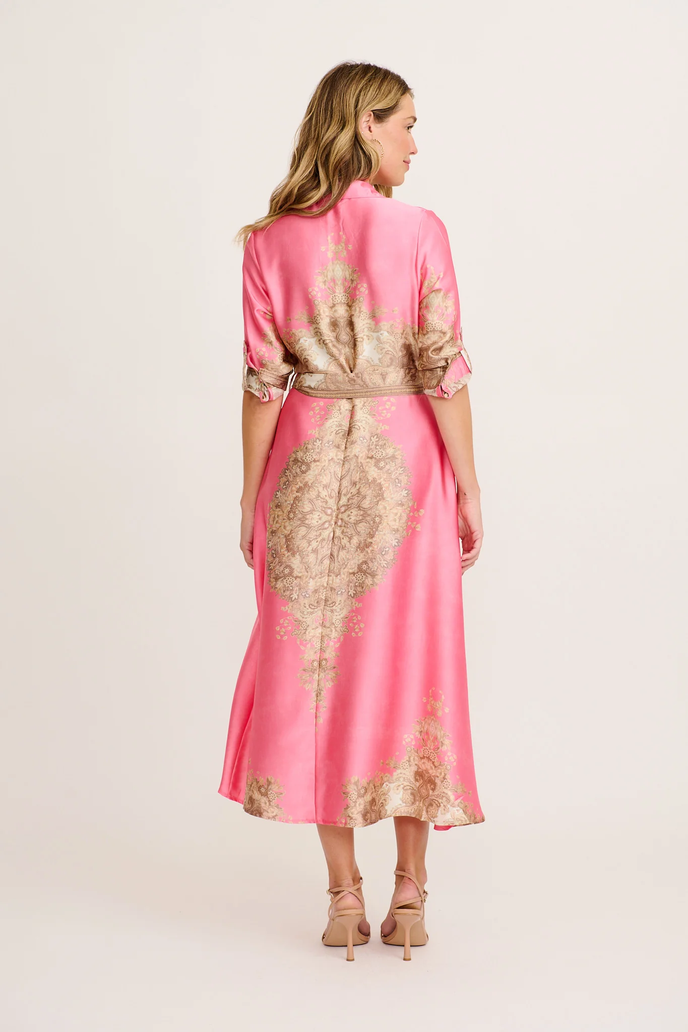 Ellen Midi Shirt Dress in Pink with Multi Placement Satin - Image 4